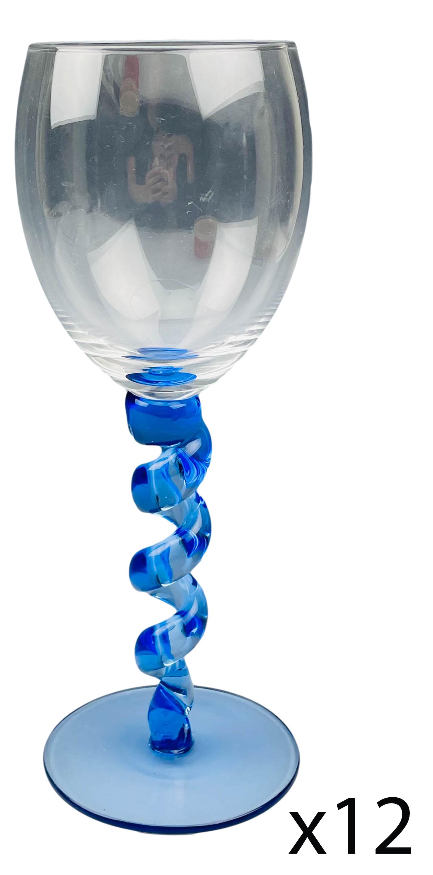 Murano Style Spiral Twist Stem Set 12 Glass Goblet: Studio hand blown art glass stemware goblets. Each clear bowl mounted atop a blue spiral twist stem over spreading circular base. Measure 9 1/8" x 3" across the open mouth. No apparent markings. Condi