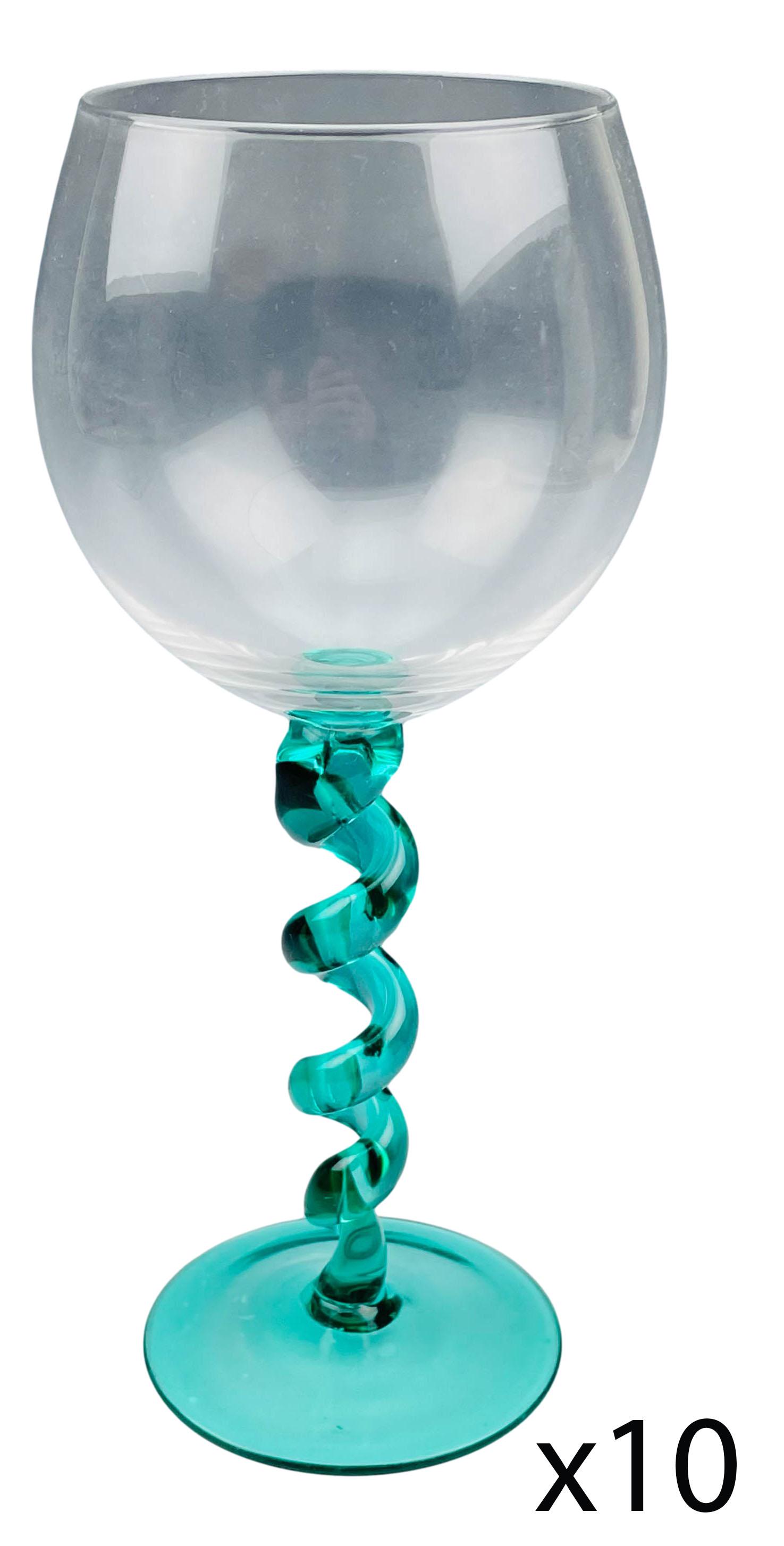 Murano Style Spiral Twist Stem Balloon Goblet x 10: Studio hand blown art glass stemware goblets. Each clear balloon bowl mounted atop and emerald green spiral twist stem over spreading circular base. Measure 9 1/8" x 3 1/4" across the open mouth. No a