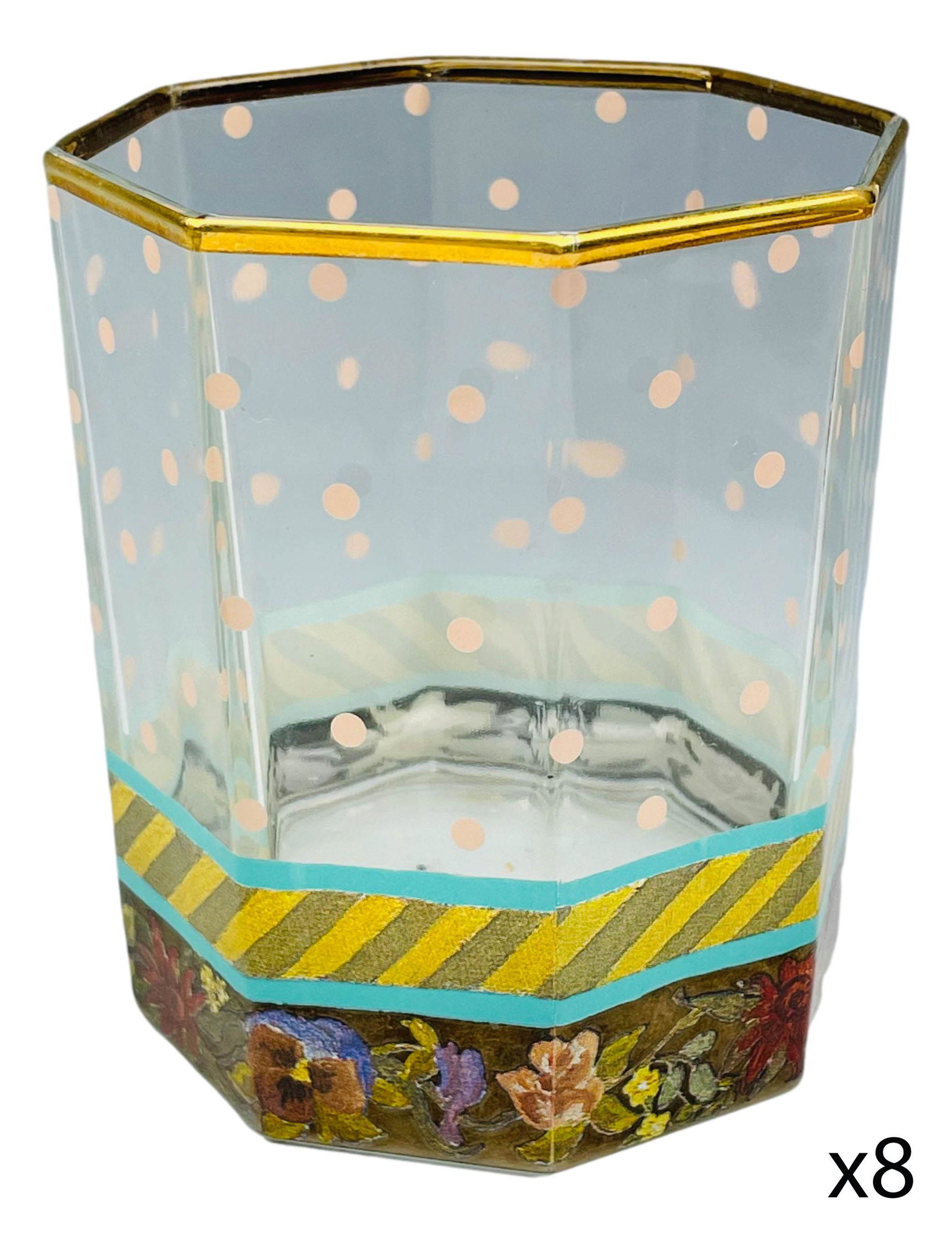 MacKenzie Childs Garland Pink Dots 8 Glass Tumbler: MacKenzie Childs Ltd is a manufacturer of ceramics and retailer of hand painted imported furniture and home decor based in Aurora, New York. Founded by Victoria and Richard MacKenzie Childs ~ 1983. Pa