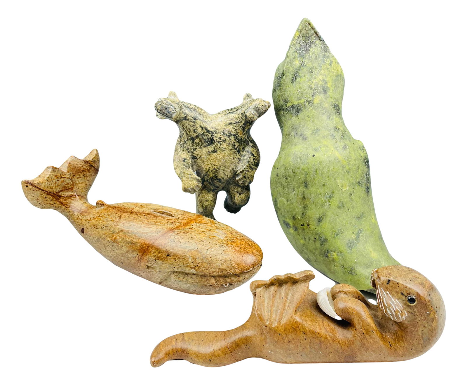 4 Carved Hardstone Whale Bear Otter Bird Sculpture: Handcrafted hardstone animal, bird and fish sculptures . Each OOAK 9 One of a Kind ) creation with its own distinctive color variation and design patterns. Measure from 2 1/4" - 8 3/4" x 4" - 8 3/4".