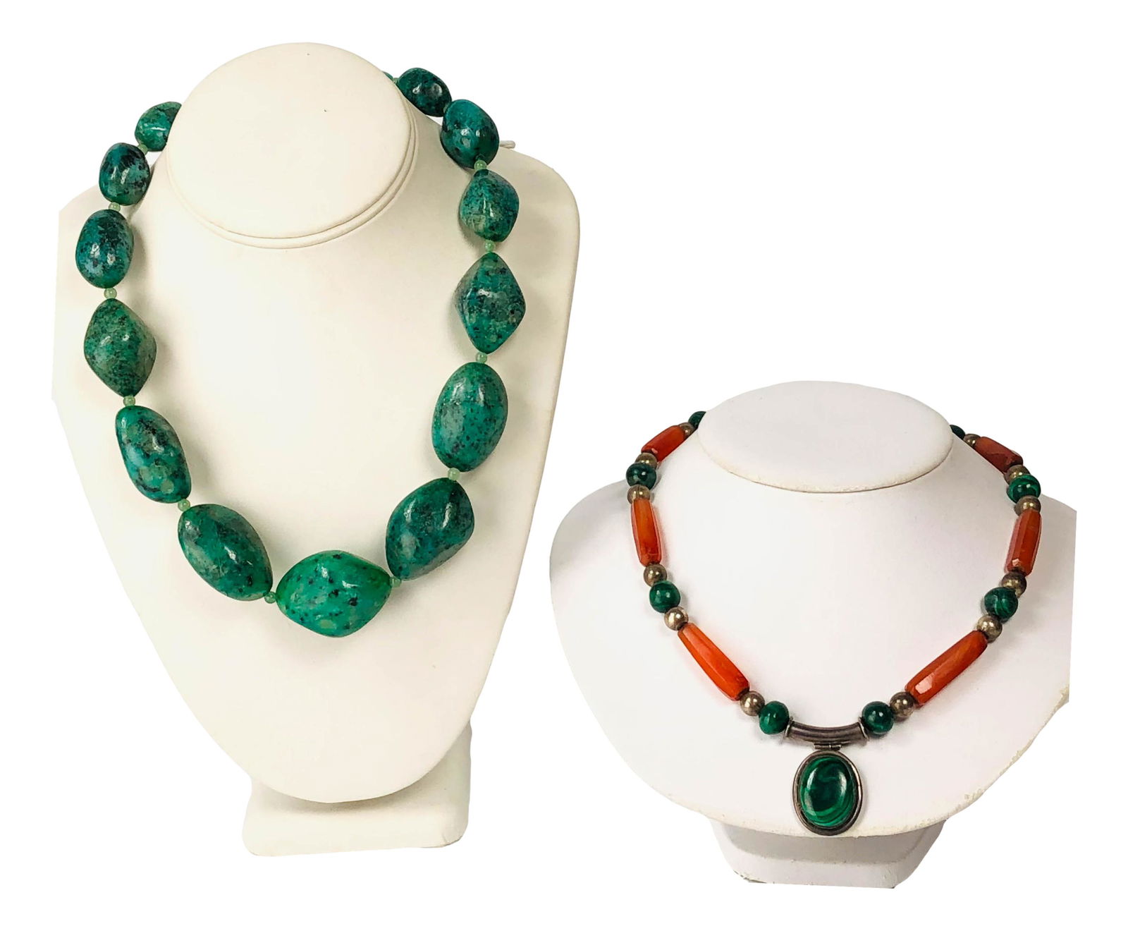 2 Carnelian Malachite Turquoise Sterling Necklaces: Handcrafted single strung semiprecious hardstone jewelry necklaces. 1 features chunky graduated turquoise polished nuggets separated by tiny jade beads. The pendant necklace features carnelian, malach