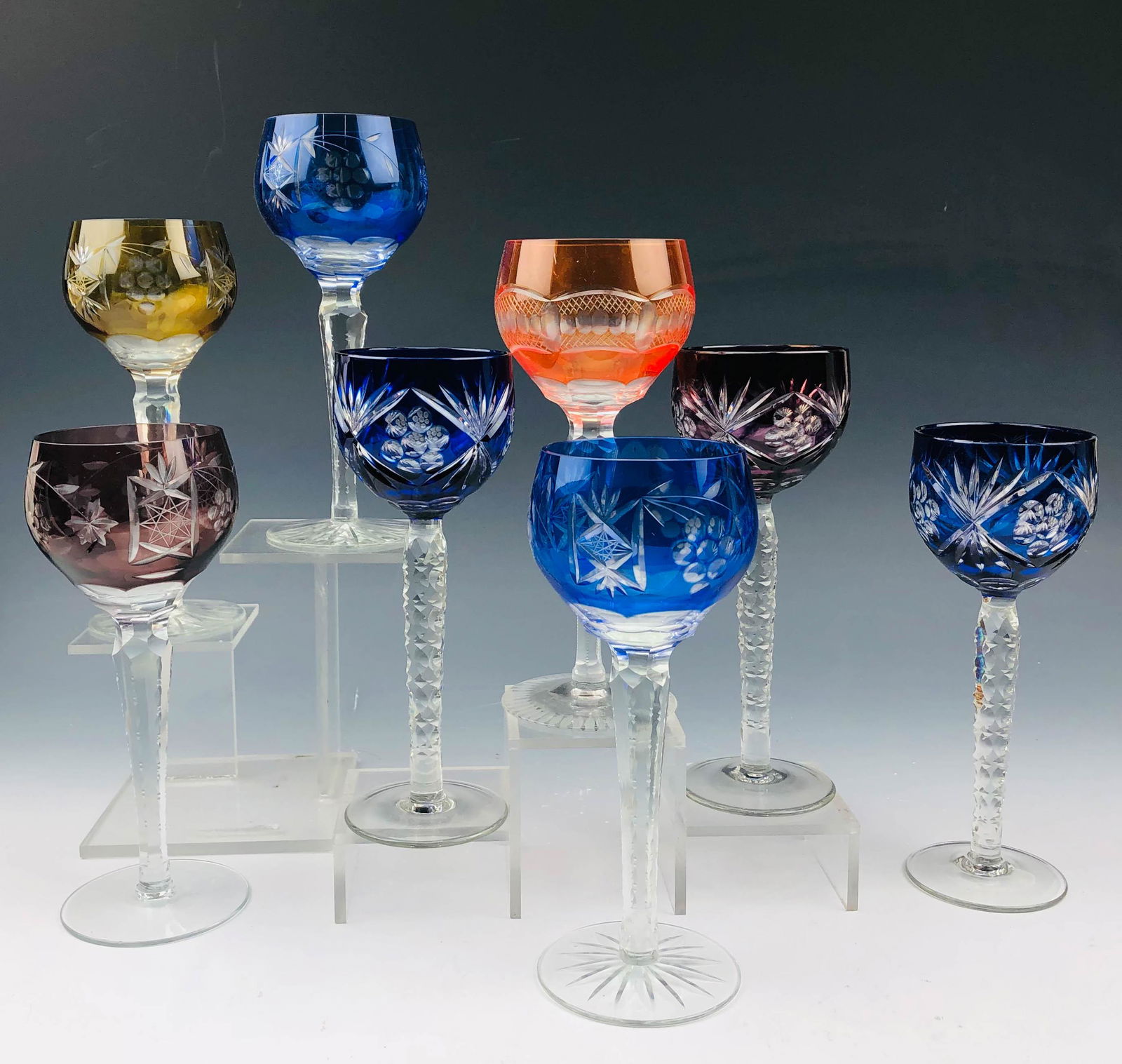Bohemian Czech Crystal Cut Clear Wine Goblets x 8: KINDLY NOTE : There are 3 goblets in one pattern and same size of which 2 are cobalt, 1 is amethyst. 4 are a different maker and slightly larger with 2 being cobalt, 1 being amber, 1 being amethyst pi