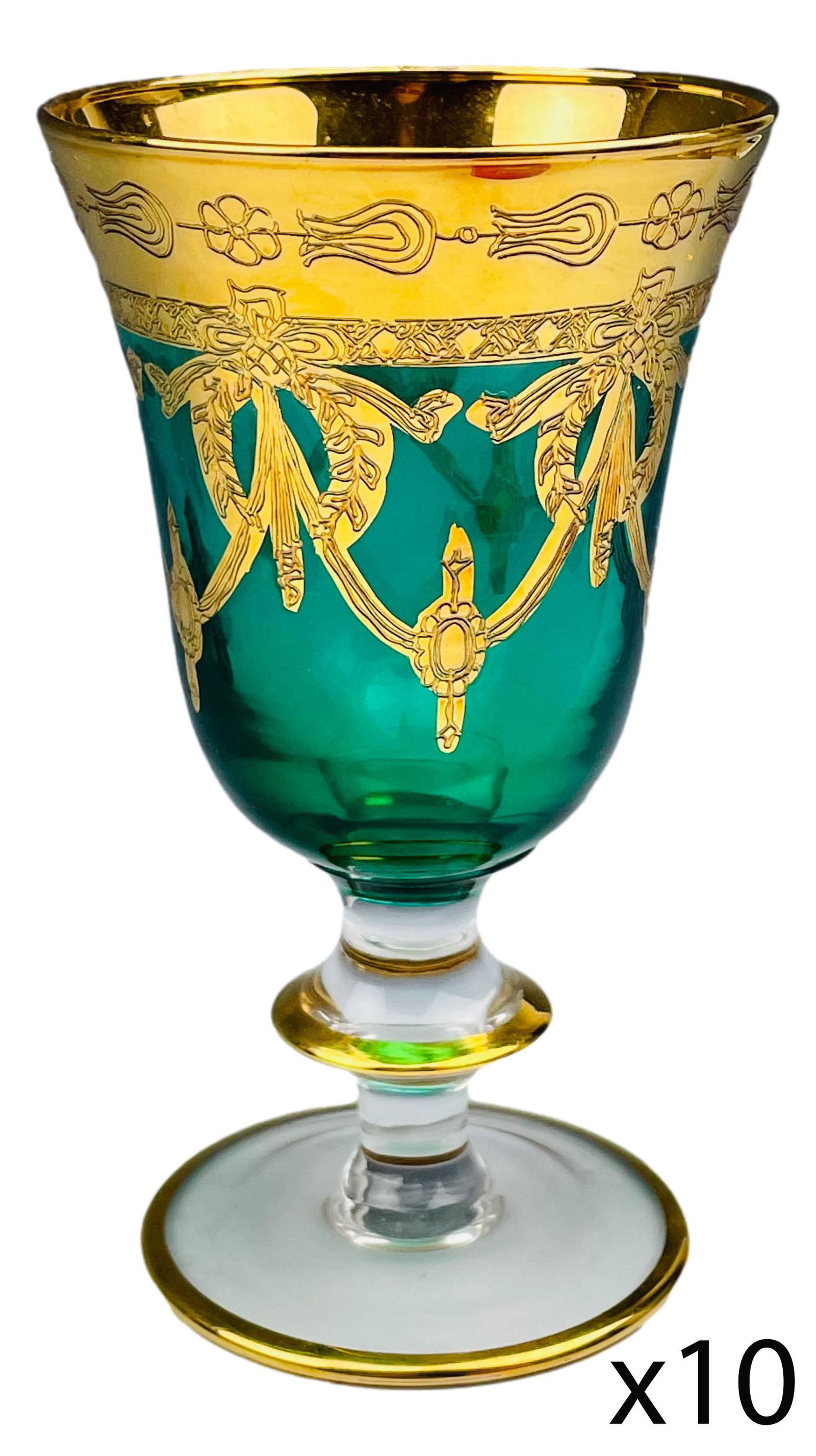 Bohemian Emerald Green Gold Gilt Wine Goblet x 10: 20th century European origin studio Handcrafted glass goblets. The emerald green body graced with ornate and lavish gold decorated designs. Rims around the knob stems and the base trimmed with matchin