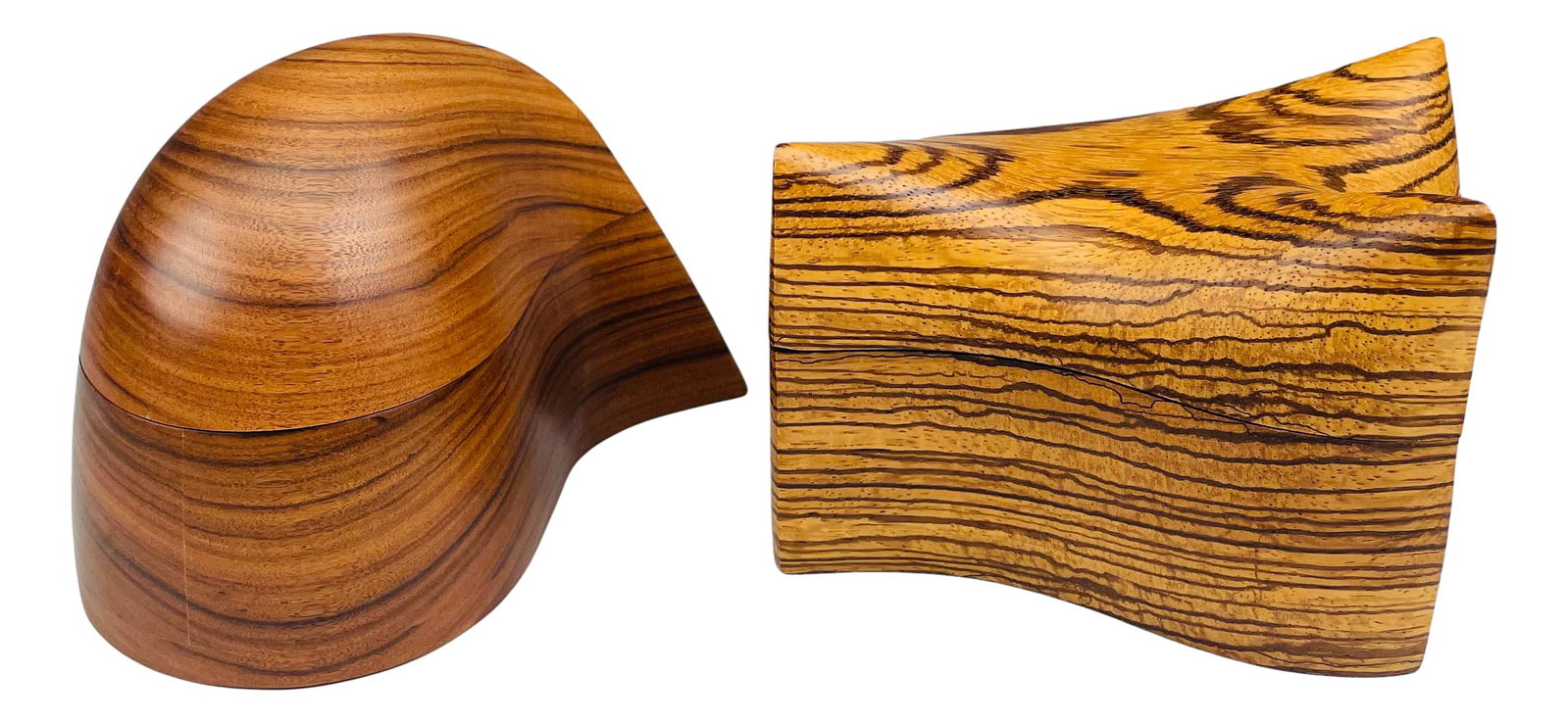 Jiri Polak Prague Exotic Carved Wood Box Lot x 2: Jiri Polak Czech born 20th century wood sculptor / artist. Each Handcrafted box modeled using and exotic hardwood showing OOAK ( one of a kind ) design patterns and color variations. Each lid pivots t