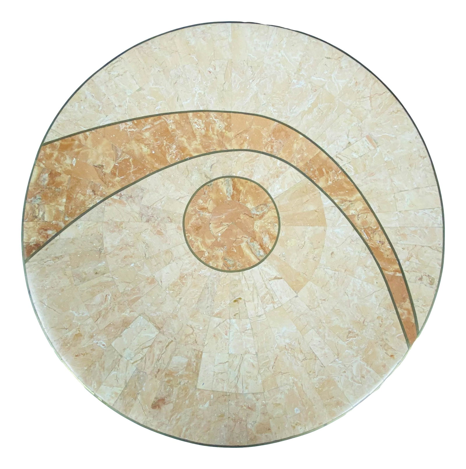 Maitland Smith Tessellated Marble 24" Centerpiece: Large smooth high mirror polished tessellated pink marble centerpiece center bowl. Warm natural color variations and design patterns around. Encased within a brass border around with brass accents on 