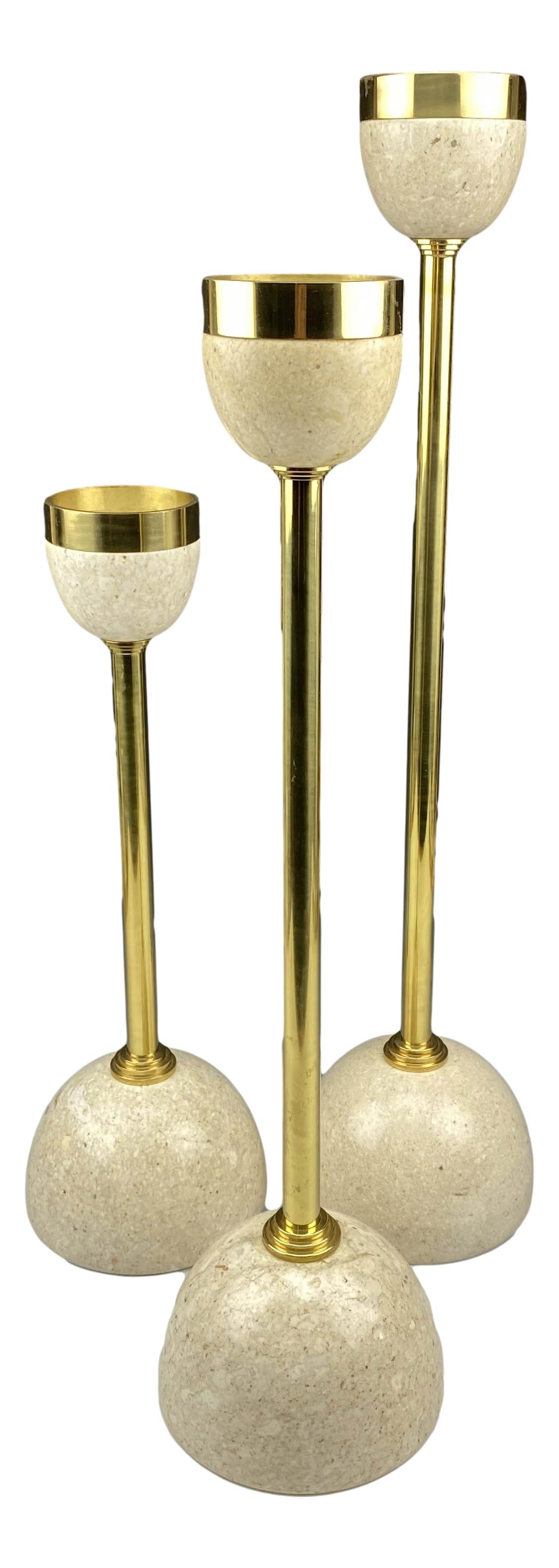 Maitland Smith Tessellated Marble Candle Holder x 3: Hollywood Regency influenced home decor tessellated marble and gilt brass votive Candle Holders. Measure from 17 1/2" - 25 1/2". Candle size opening on all 3 is 2 3/4" in diameter. No apparent marking