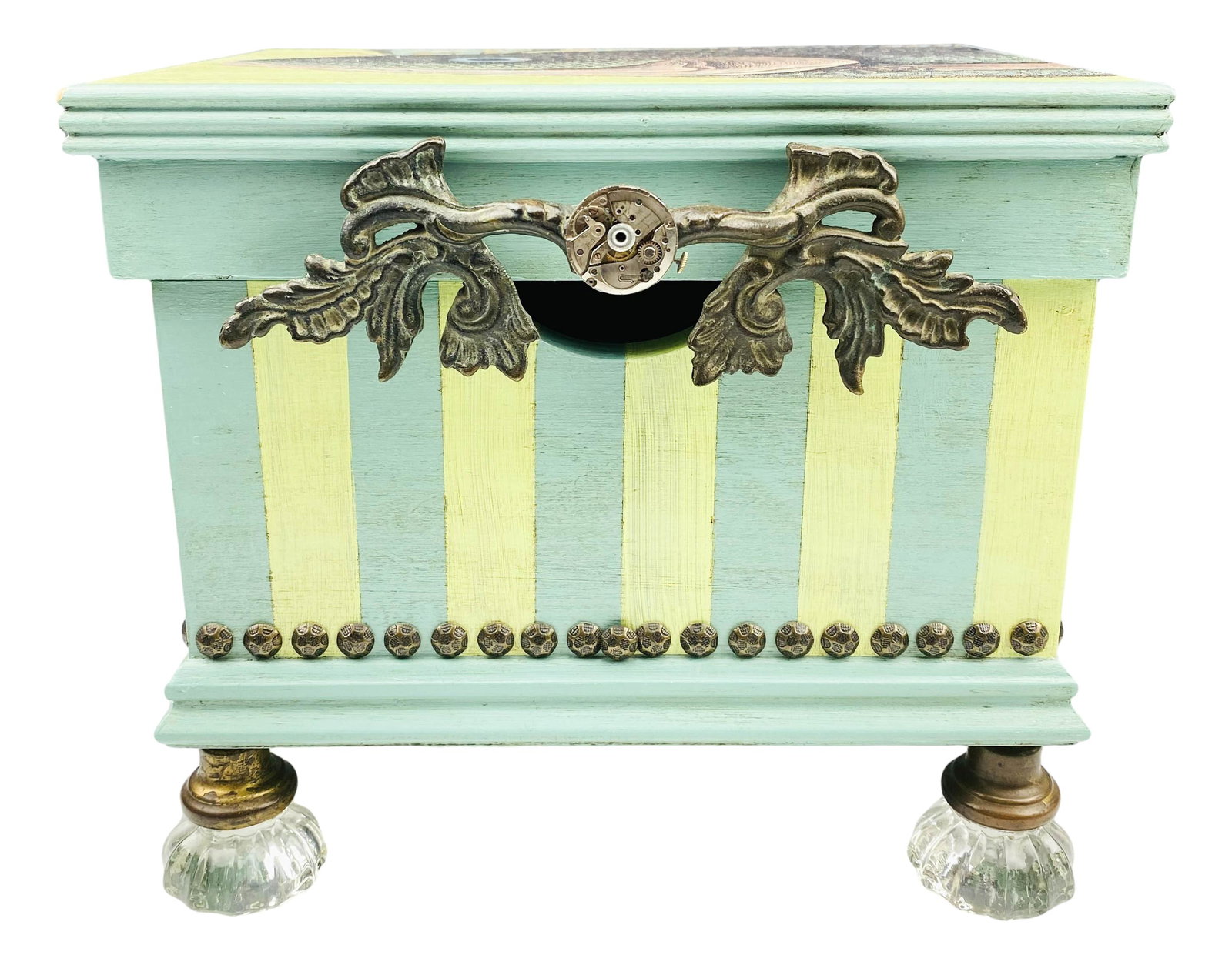 Fantasy Fornasetti Style Hinged Love Letter Box: Custom Handcrafted and hand painted wooden storage box. Lid and the back graced with a fish motif, bronze mounted handle with a watch movement clasp. Hammered tacks around the base. Mounted atop 4 gla