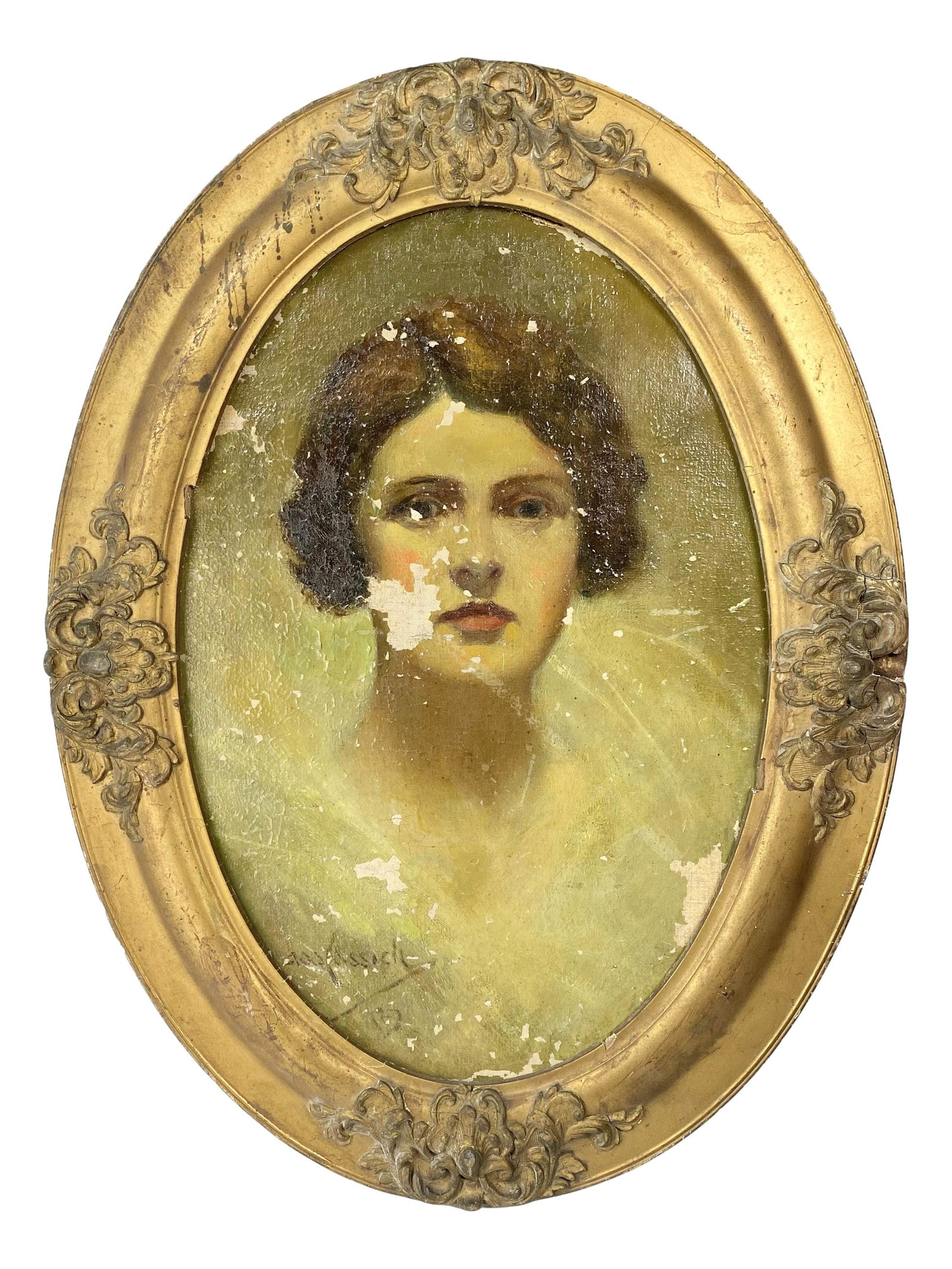 Antique Portrait Face Art Deco Lady Oil Painting: Subject matter is that of a fair skinned maiden portrait face. Housed in and oval gold painted wooden frame with raised floral decorations. Signed lower left. Work Size: 18.75 x 12.5 in. Dimensions: