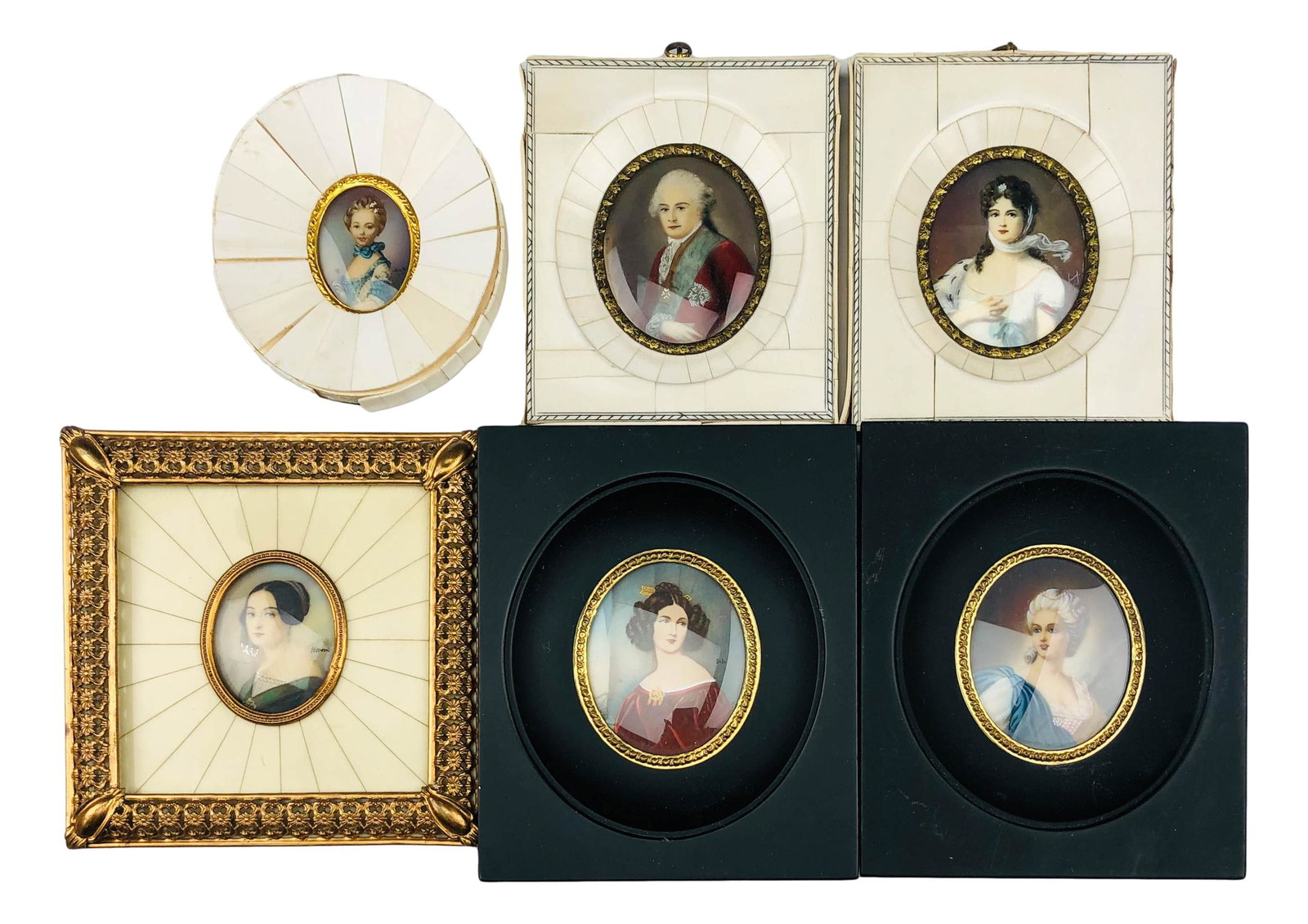 Estate Collection Mini Portrait Painting 6pc LOT: Each features the portrait face of Victorian era women in flowing gown, one featuring a distinguished gentleman in military style uniform. Each with hand painted embellishments and housed frames made 
