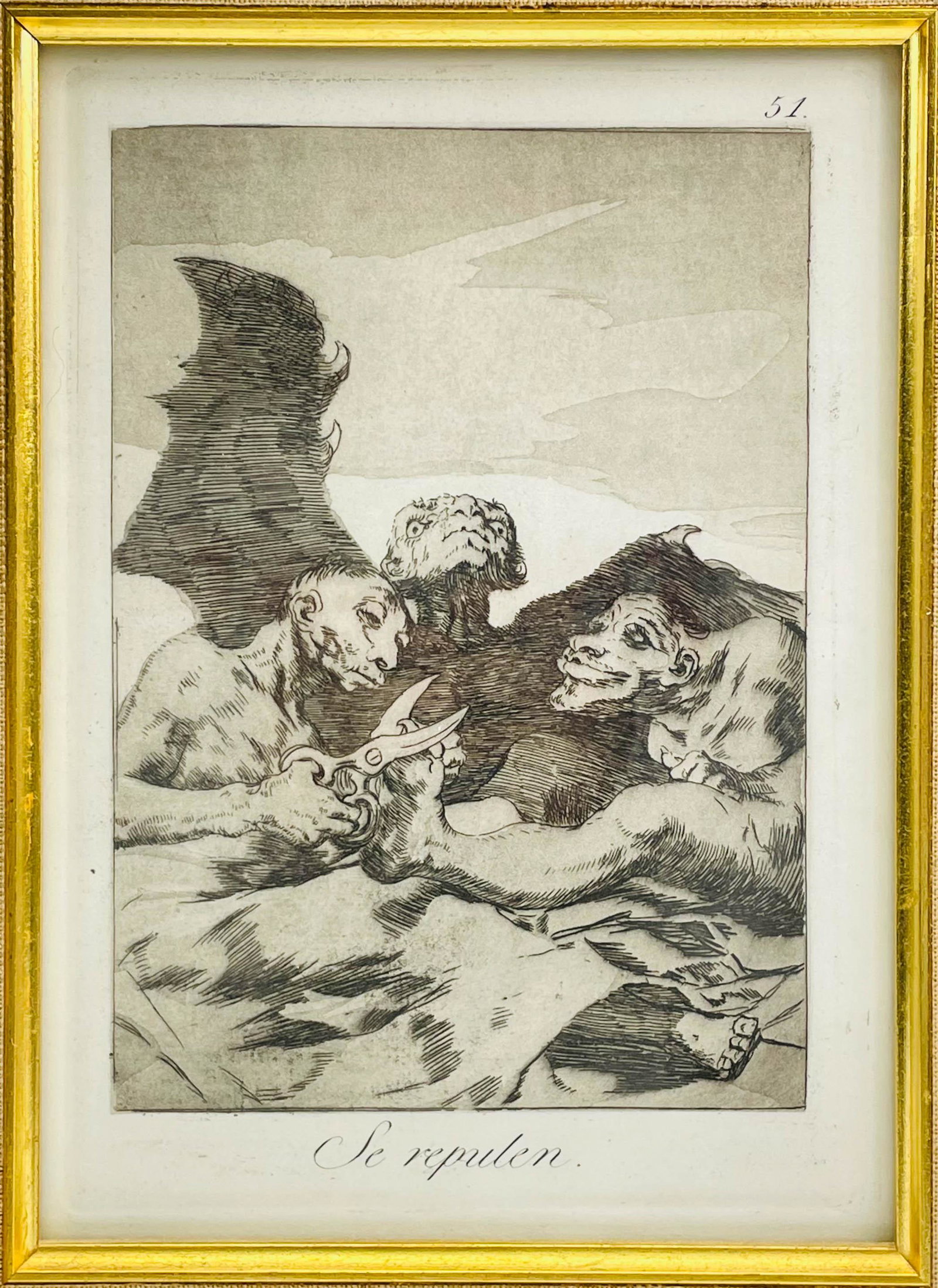 Francisco Jose De Goya (1746-1828) Devil Engraving: Francisco Jose de Goya Lucientes ( Spanish, 1746 - 1828 ). Title : Se Repulen ( They Spruce Themselves Up ) plate 51 from the series Los Caprichos. Signed as shown. Verso with hand written inscription