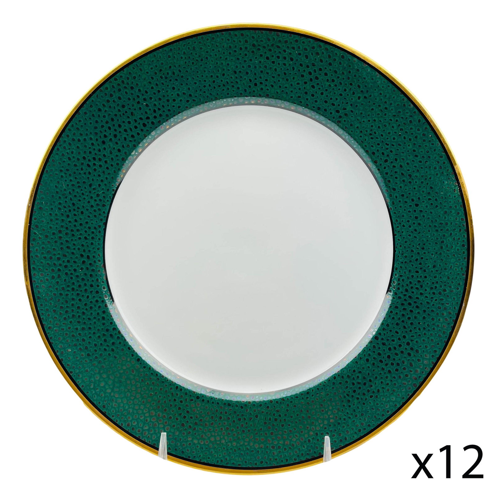Fitz Floyd Shagreen Teal Green Dinner Plates x 12: Pattern : Shagreen. Production years : 1991 - 1993. Each porcelain plate features a green gray mottled band around the border, the center with a crisp white finish, the rims with a gold trim lining ar