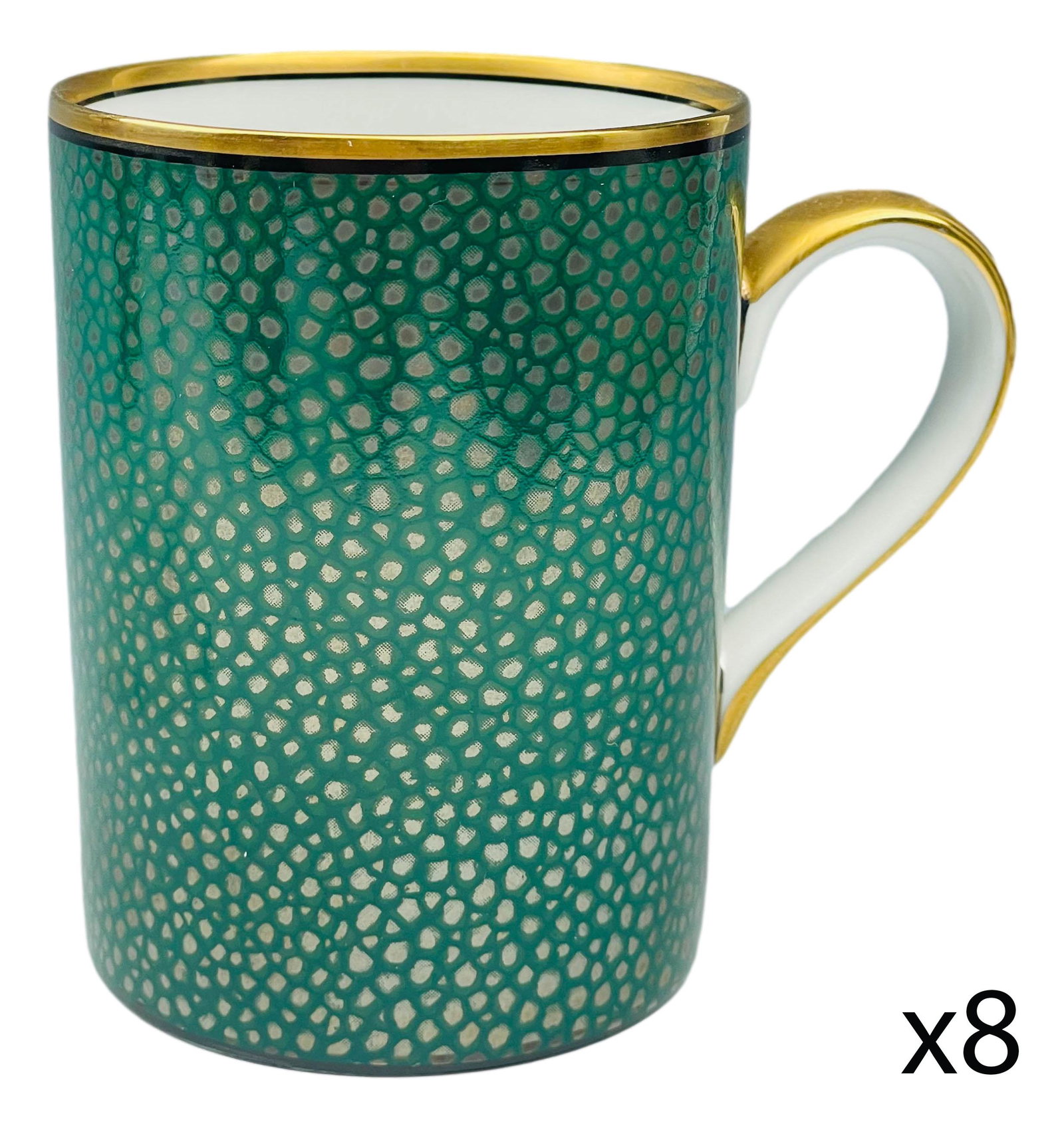 Fitz Floyd Shagreen Teal Green Coffee Mug 8pc LOT: Pattern : Shagreen. Production years : 1991 - 1993. Each porcelain mug features a green mottled design around the body, the interior with a crisp white finish, the rims and handles with a gold trim ac