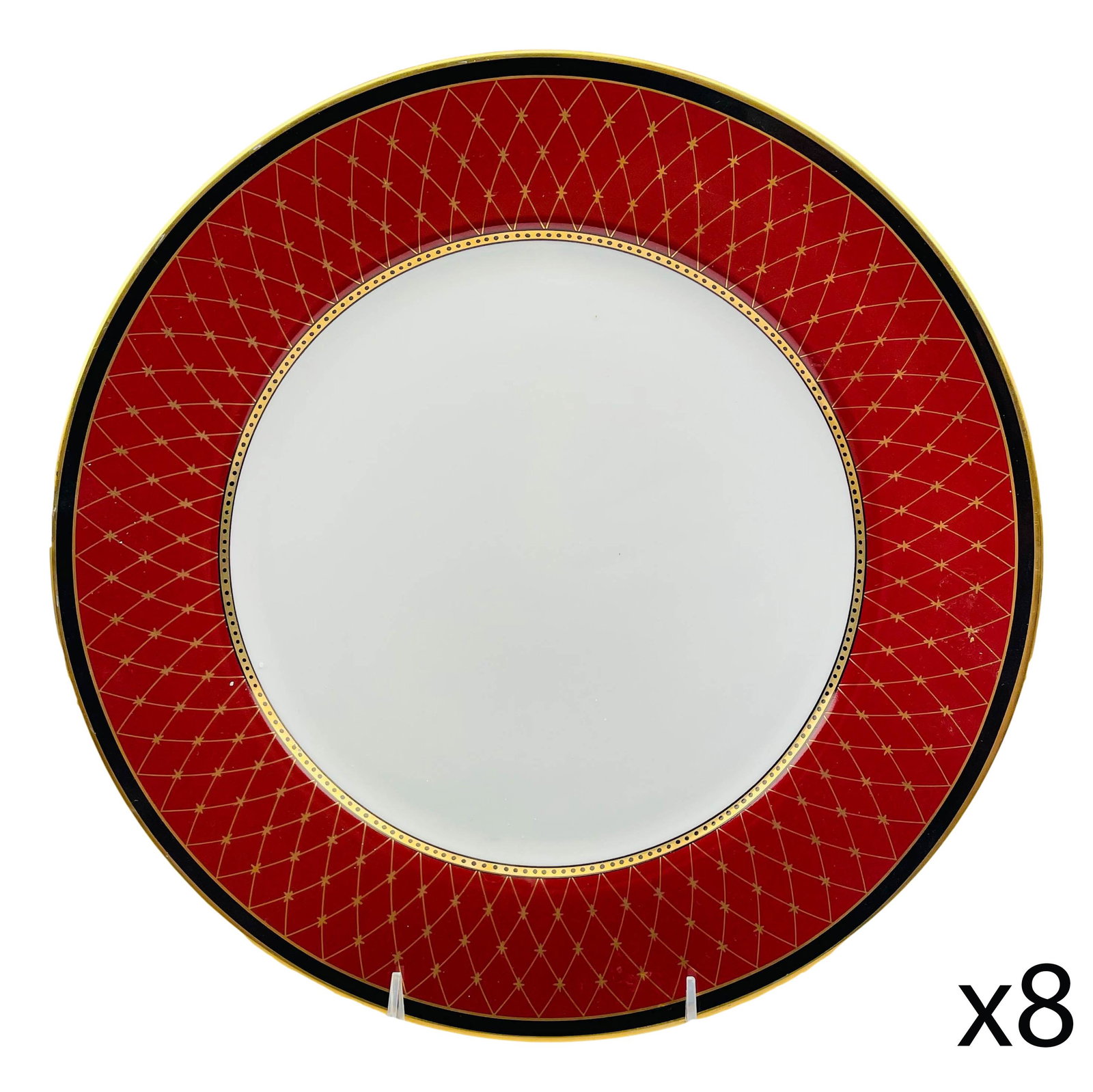 Fitz & Floyd Chaumont Cinnabar Porcelain Plate x 8: Pattern : Chaumont Cinnabar by Fitz & Floyd. Production years : 1991 - 1993. Graced with a gold net and star design on the maroon red band around the border with a black and gold trim lining, center w
