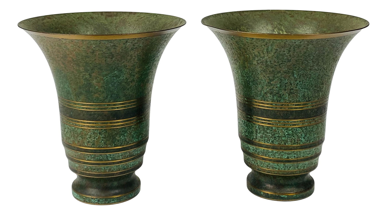 Carl Sorensen Art Deco Patinated Bronze Vases x 2: Carl Sorensen ~ American 20th century metal artist well known in Philadelphia for his works on copper and bronze with that distinguished verdigris patina. His work bridged the Arts and Crafts era into