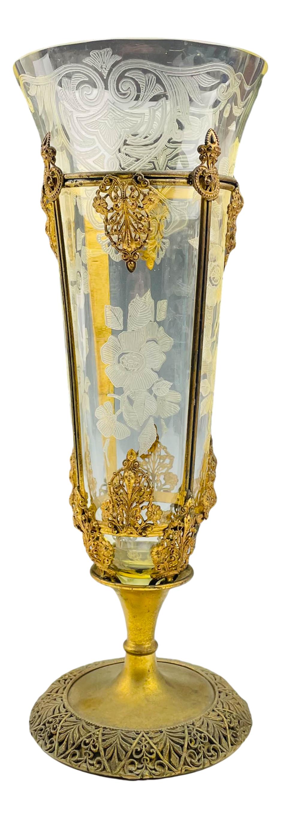 Antique Brass Filigree Etched Floral Crystal Vase (1 of 4)