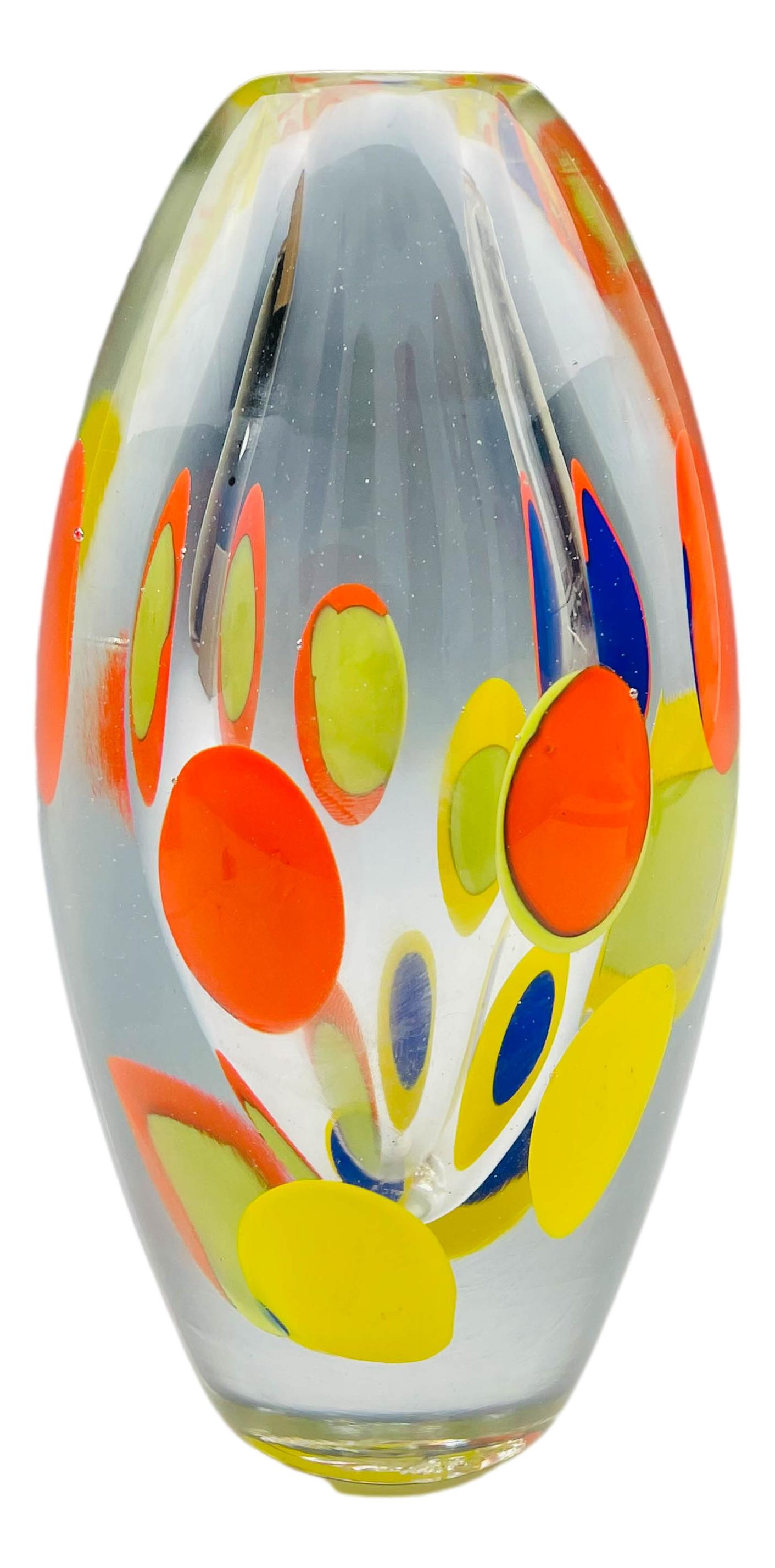 Memphis Style Cased Polka Dot Glass Vase SIGNED: MVG ~ Martha's Vineyards Glassworks ~ established 1992 by husband and wife artists Andre Magdanz and Susan Shapiro. Graced with internally cased colored oval and round polka dot forms, against a clear