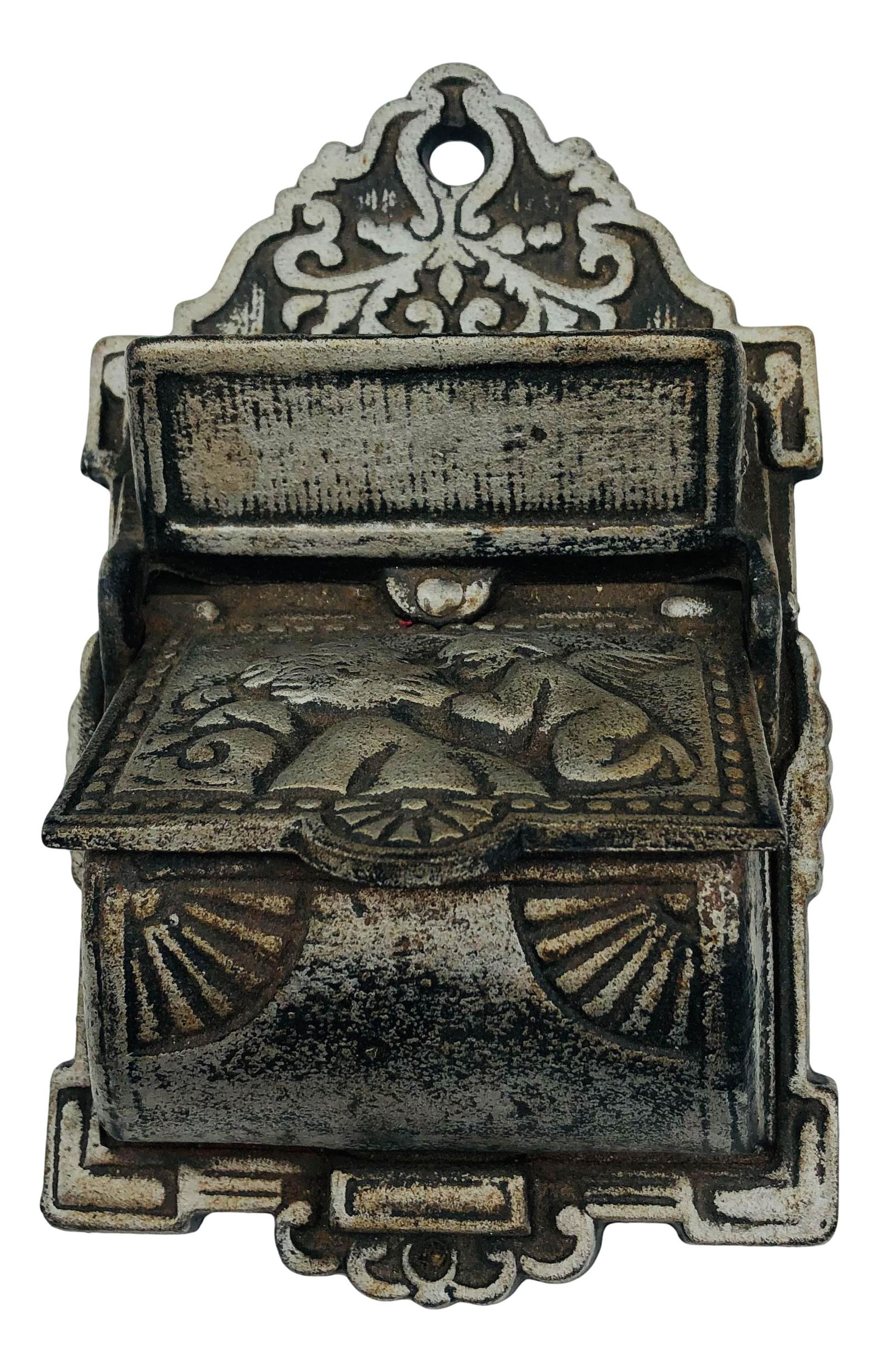 Antique Victorian Cast Iron Match Holder Safe Box: Late 19th early 20th century cast iron wall mount gas stove top matchstick holder with striker. Lid features a raised relief design of a winged angel kissing a young girl. Floral decoration atop, the