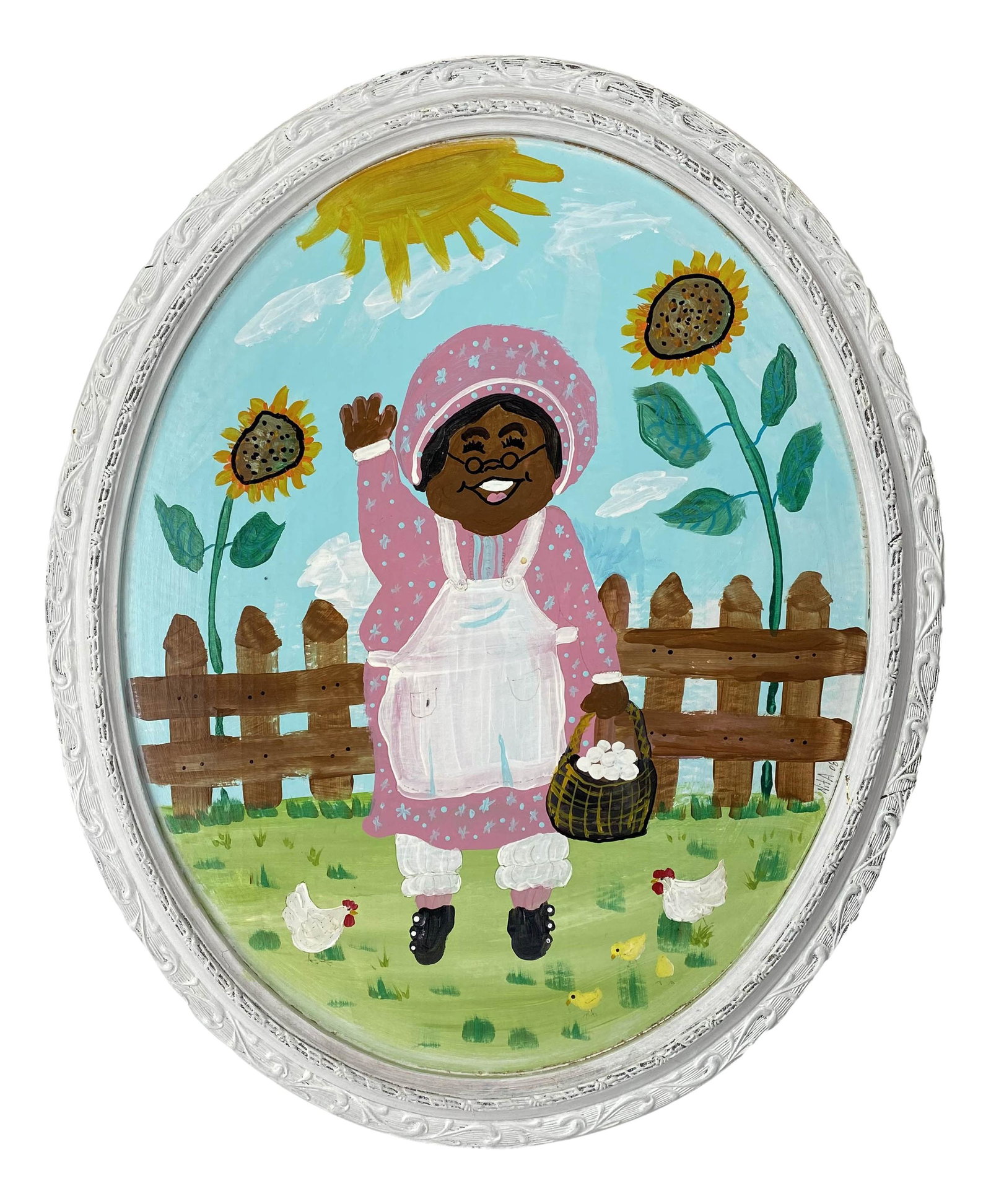 Joan Bunge b1950 Black Americana Folk Art Painting: Joan Bunge aka Nita ( American, born 1950 - ) folk art painting. Self taught artist. Signed lower right. Verso with artist name and a page with additional text about the artist. Dimensions: 22.5 X 18.
