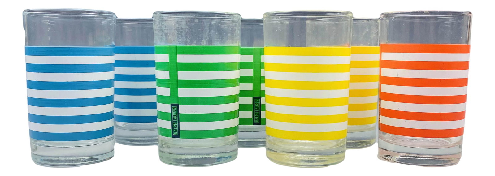 Ralph Lauren Striped Juice Cocktail Glass 7pc LOT: Includes a total of seven glasses. 2 feature blue stripes, 2 with green stripes, 2 with yellow stripes and one with orange, all against a clear colorless ground. Measure 4" x 2 3/4". Signed ~ stamped 