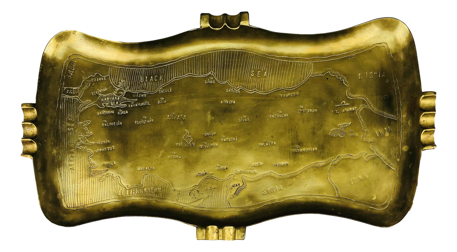 Turkish Brass w Map Tobacco Cigarette Platter Tray: 20th century rectangular shaped brass platter cigarette ashtray platter tray. Features and incised map showing Turkey, Syria, Russia and the Black Sea region. Double and triple cigarette rests alterna