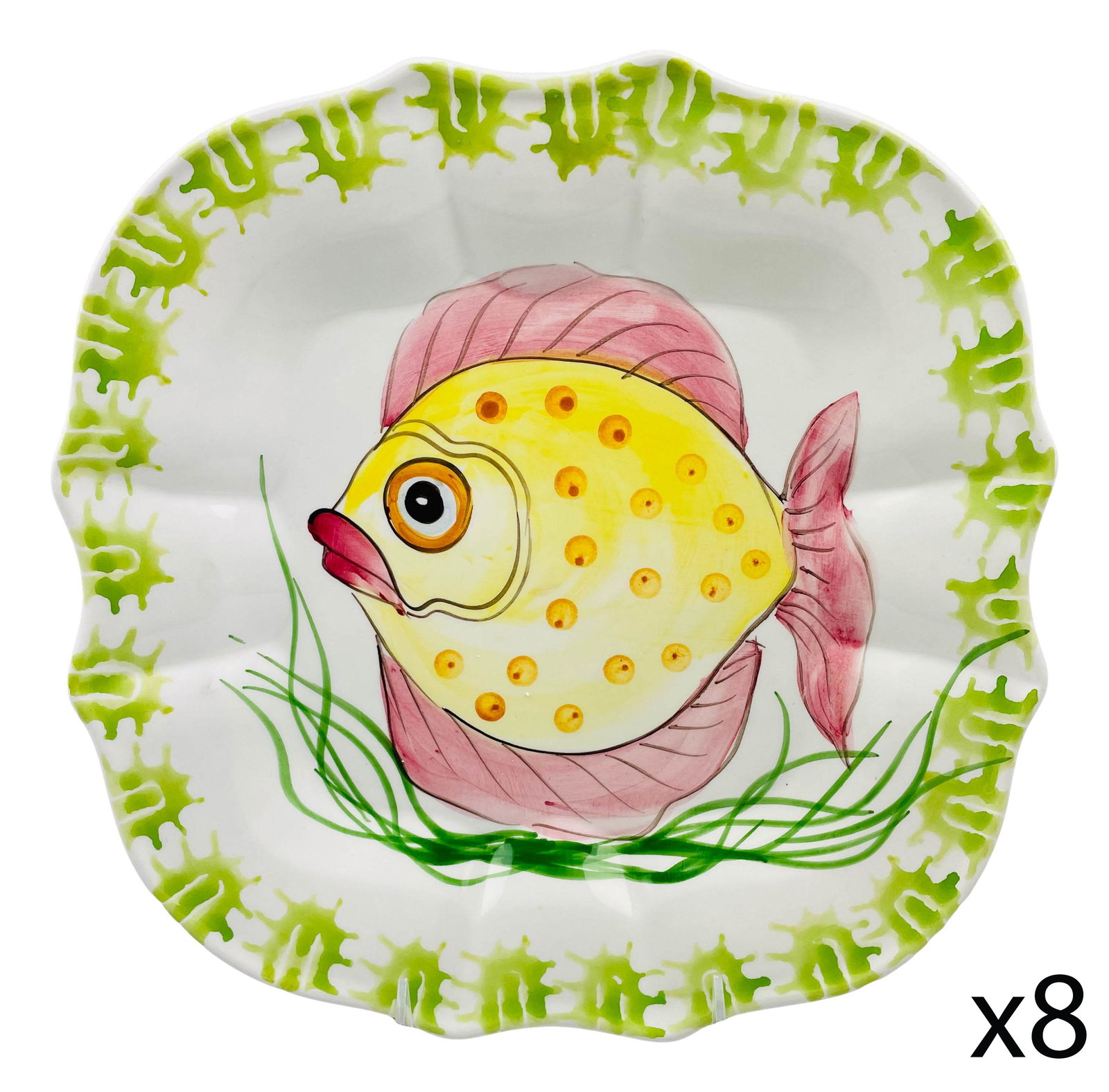 Zanolli Mid Century Ceramic Seafood Plate 8pc LOT: Hand painted Mid Century Modern ceramic seafood fish platters / serving plates. Graced with a whimsically designed fish with kelp below, the scalloped border with a green seaweed pattern. Measures 11"