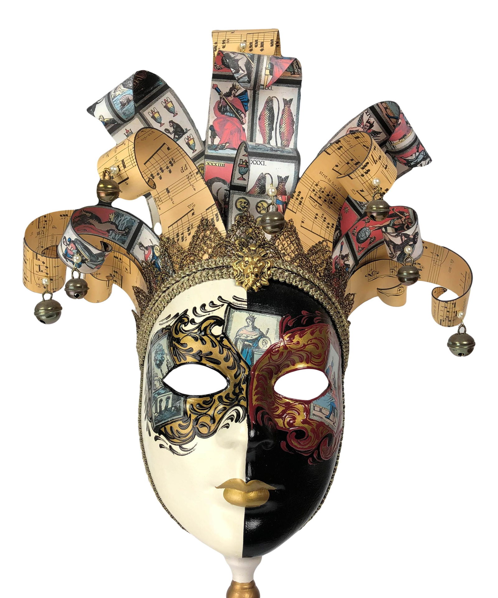 Mardi Gras Jester Mask Face w Bells on Lucite Base: Colorful and cheerful jester clown mask face with bells mounted on a long handle with graphics. Held on a lucite acrylic base with a wing nut clasp closure. Measures 26" x 14". No apparent markings. C