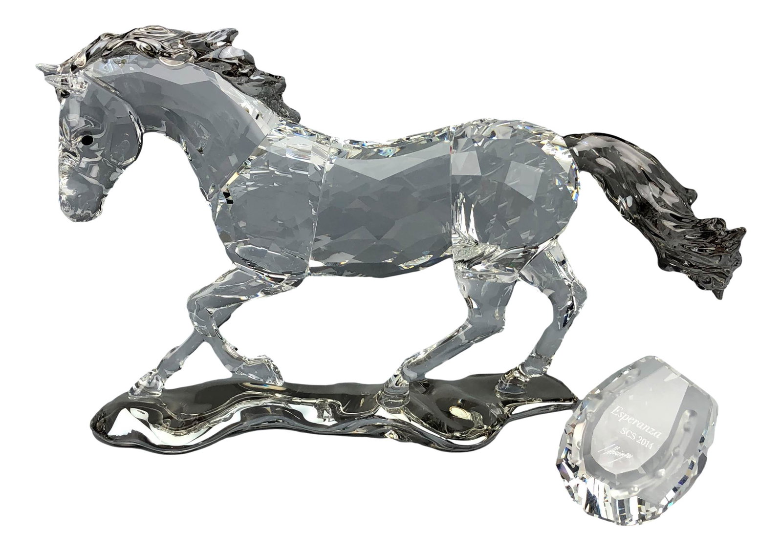 Swarovski Crystal Esperanza Horse Figurine Box COA: Designer : Anton Hirzinger. Production years : 2014 - 2014. Esperanze means Hope in Spanish comes with a horse shoe shaped title plaque engraved with Esperanza SCS 2014 and the designer Anton Hirzinge