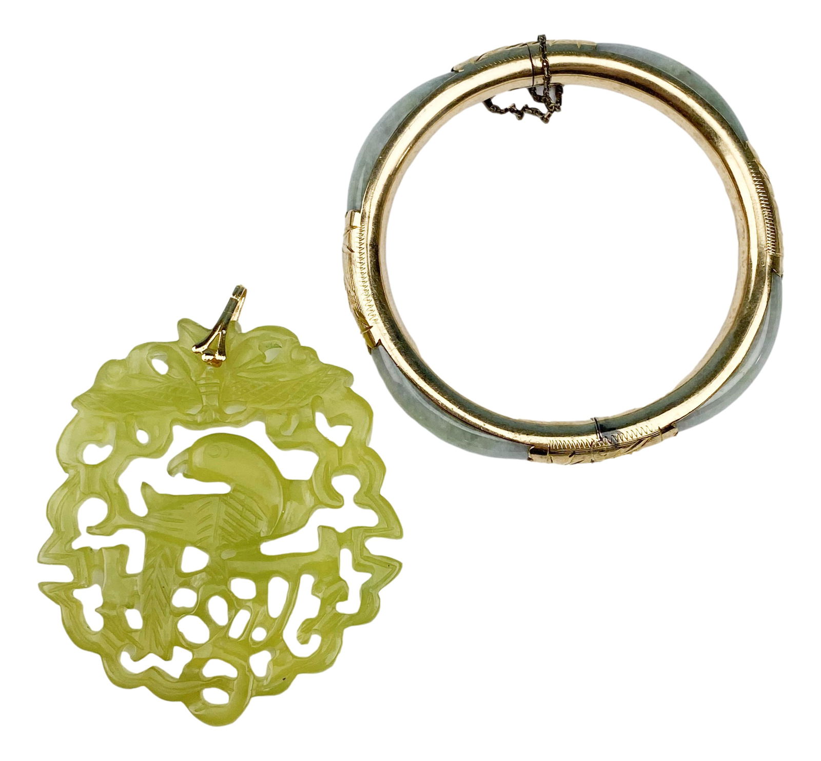 Chinese Gold Plate Jade Bracelet & Pierced Pendant (1 of 3)