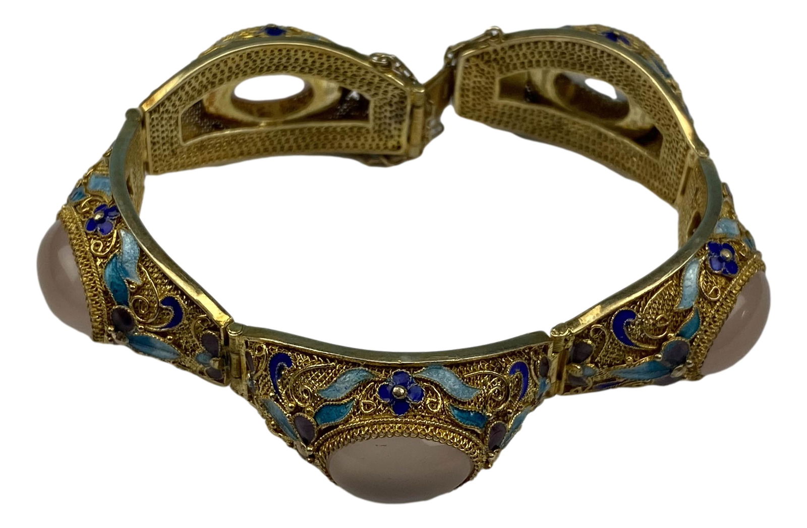 Chinese Gilt Filigree Rose Quartz Enamel Bracelet (1 of 4)