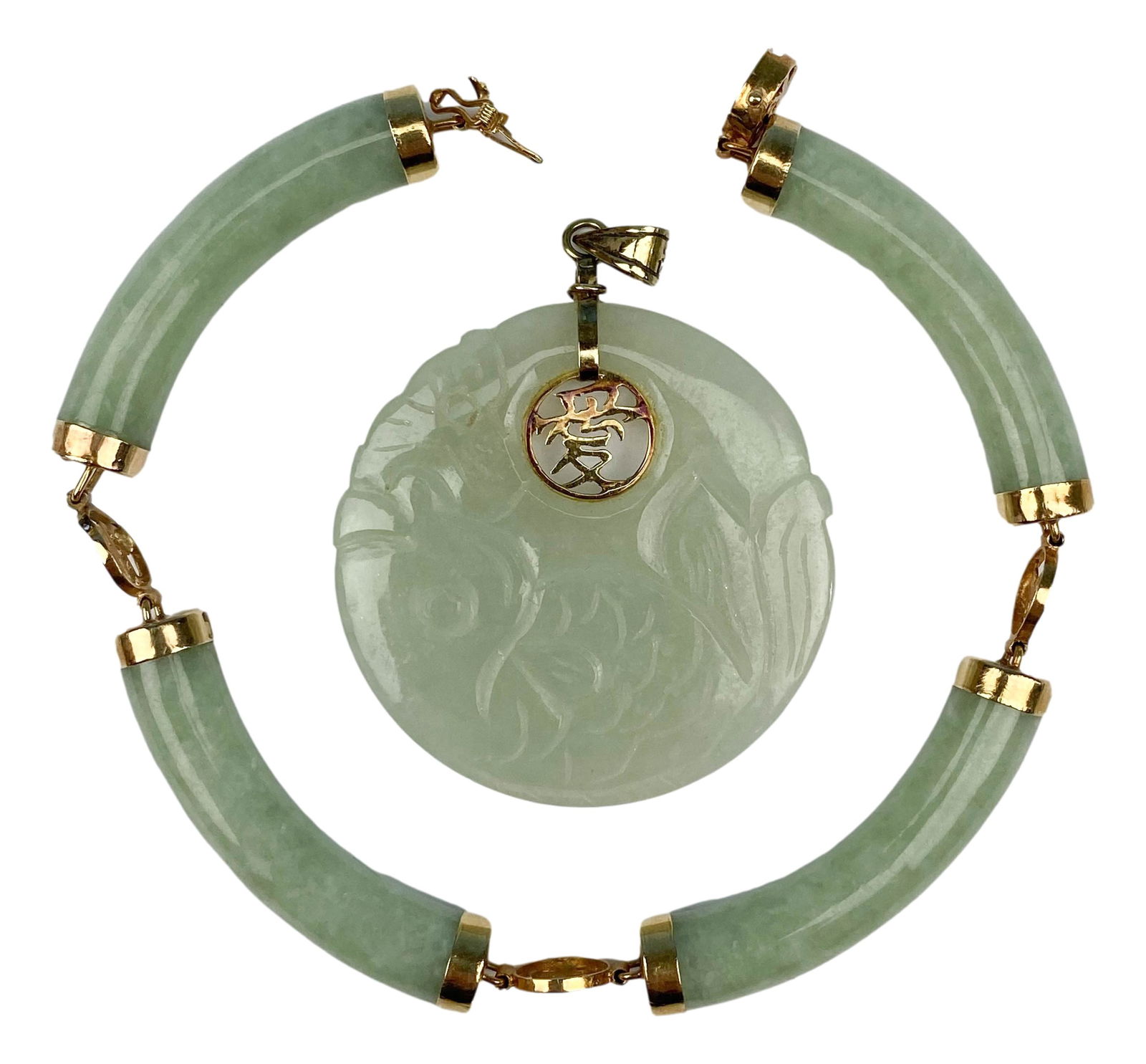 Chinese Celadon Jade w/ 14K Gold Pendant Bracelet (1 of 3)