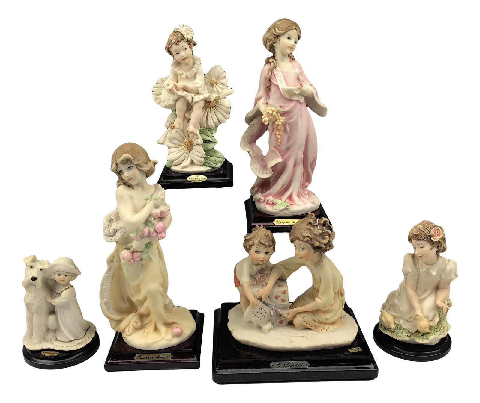 Armani Estate Collection Girl Figurine 6 pc LOT: Giuseppe Armani ( Italian, 1935 - 2006 ). Celebrated and internationally respected artist / designer and sculptor. All depict young girl children engaged in various situations. Mounted atop a rectangu