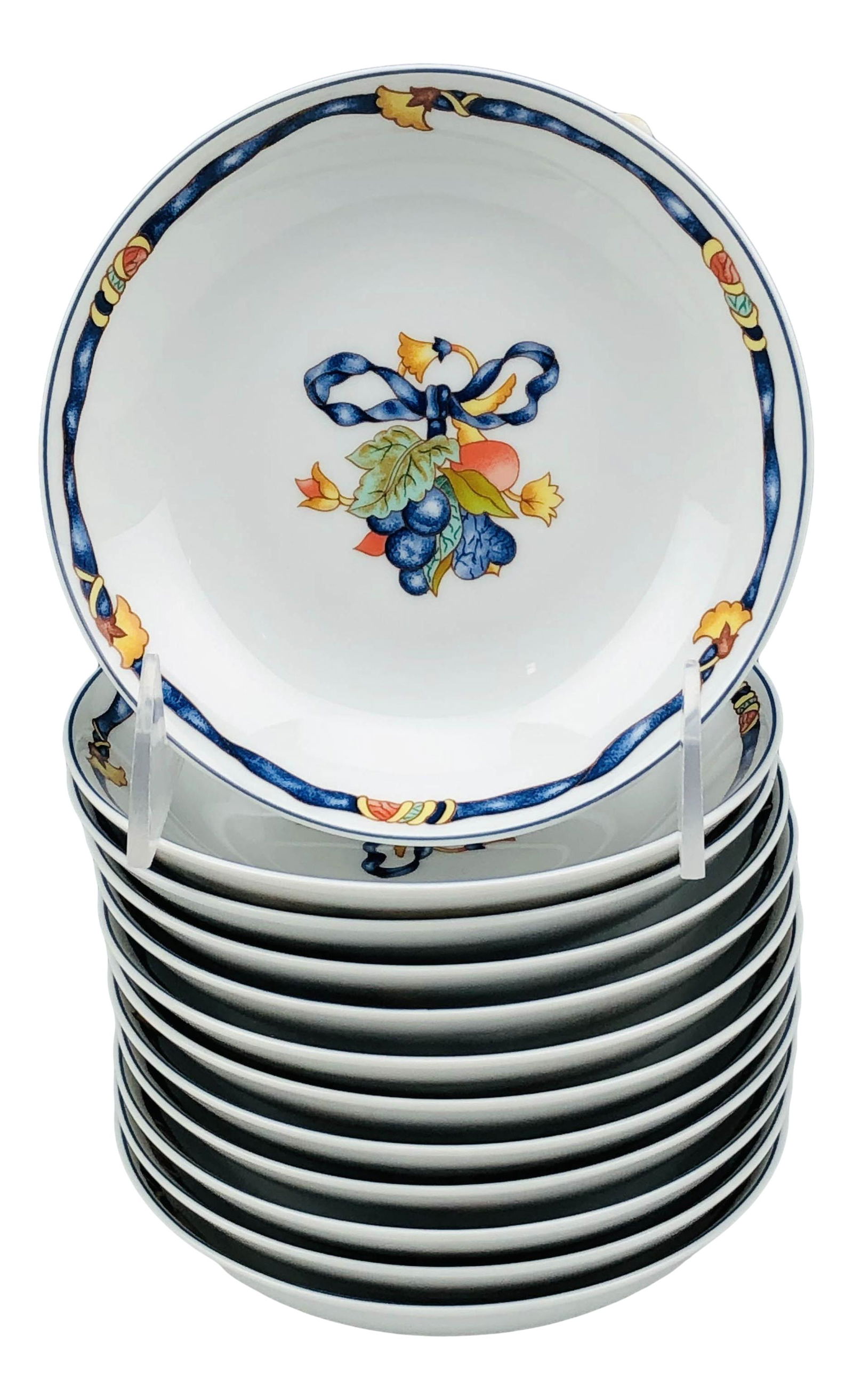 Bernardaud France Borghese Fruit Dessert Bowl 12pc: Bernardaud Limoges France Borghese Porcelain fruit dessert bowl twelve piece lot. Features royal blue rim, royal blue ribbon on the lip and decorated with multicolor fruit and flower bouquet at the we