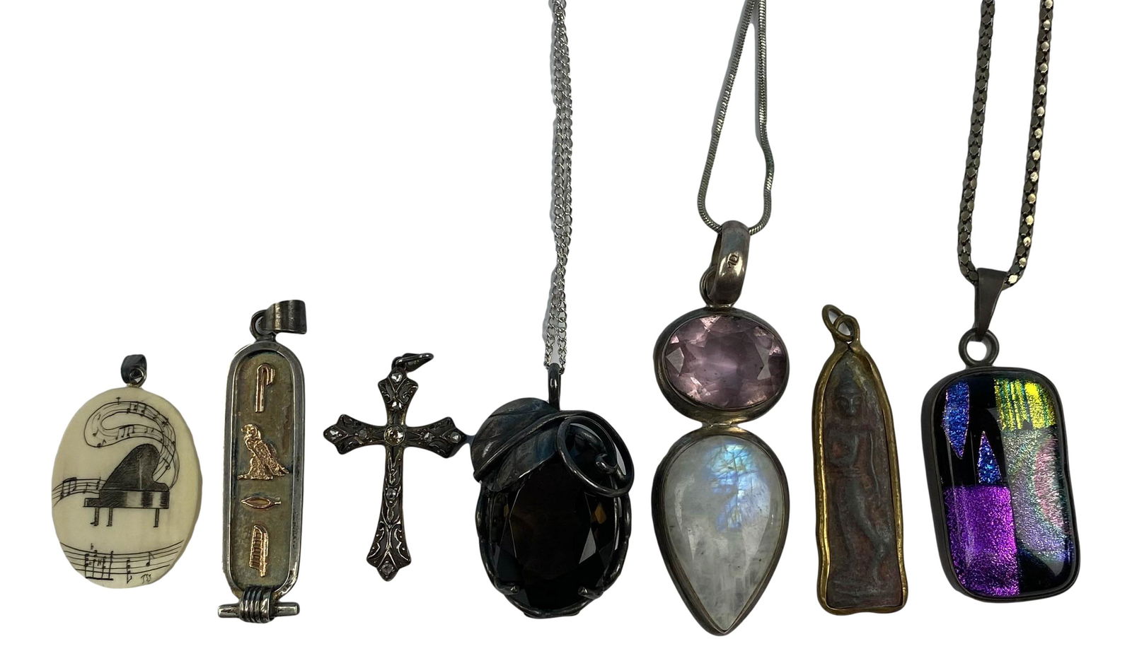 Sterling Glass Bronze Quartz Pendant Necklace LOT: Includes ~ 1 x dichroic glass pendant with sterling back and chain. 1 x amethyst and moonstone sterling pendant with chain. 1 x smoky quartz and sterling pendant with chain. 1 x figural bronze Buddha