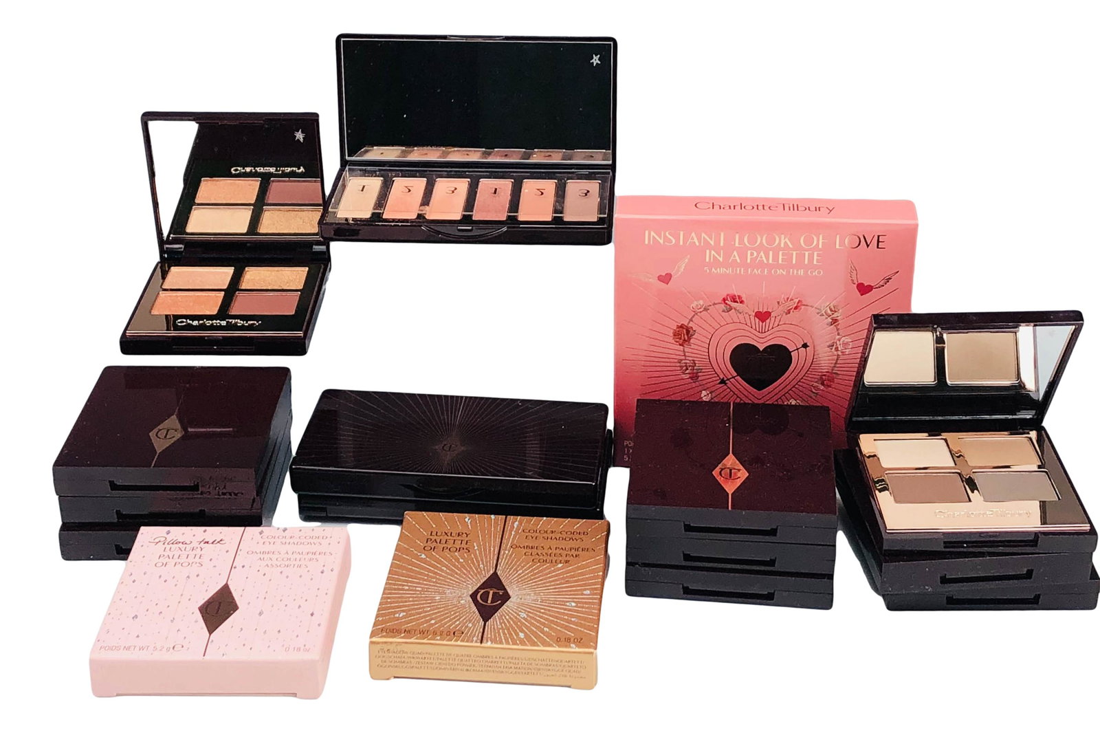 Charlotte Tilbury Eyeshadow Color Palette 15pc LOT: Lot of fifteen (15) Eyeshadow palettes by Charlotte Tilbury. Lot includes: (1)The Super Nudes Easy Eye Palette; (2) Easy Eye Palette For The Charlotte Darling Look; (1) Pillow Talk Luxury Palette of P