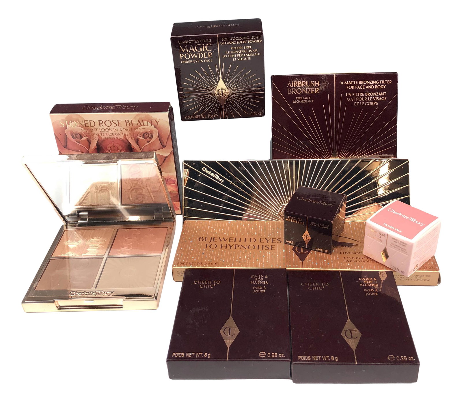 Charlotte Tilbury Eyeshadow Bronzer 10pc LOT: Charlotte Tilbury lot of eleven makeup. Lot includes: (1) Eyes to Mesmerise Cleopatra;(1) Eyes to Mesmerise Pillow Talk; (1) Nudegasm Face Palette; (1) Stoned Rose Beauty Instant Look in a Palette (in
