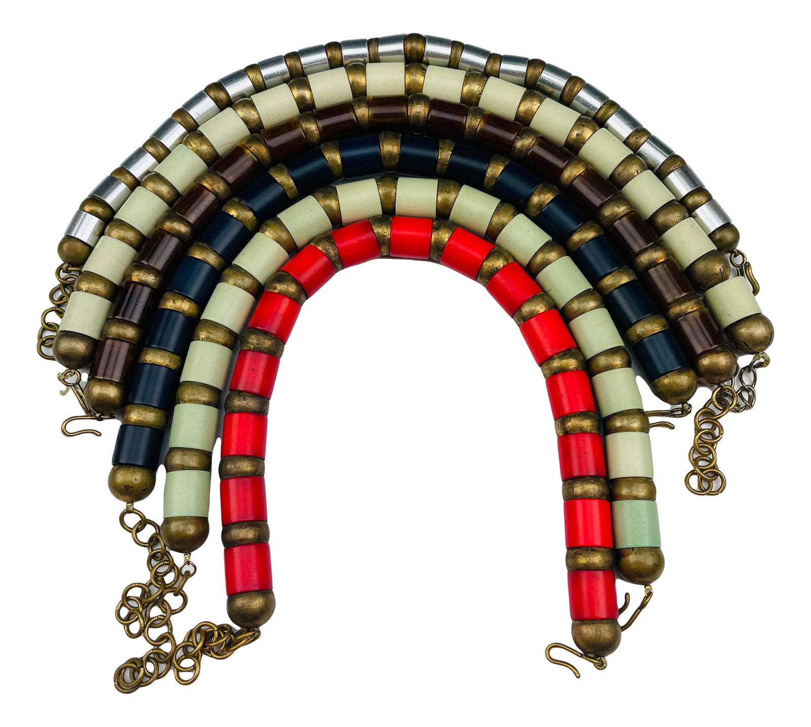 Enamel over Metal Costume Jewelry Choker 6pc LOT: Includes 6 choker necklaces with segmented like designs with single color alternating with a dull gold, to each. Simple loop style closure to all. Measure from 15 1/4" - 17 3/4". No apparent markings.