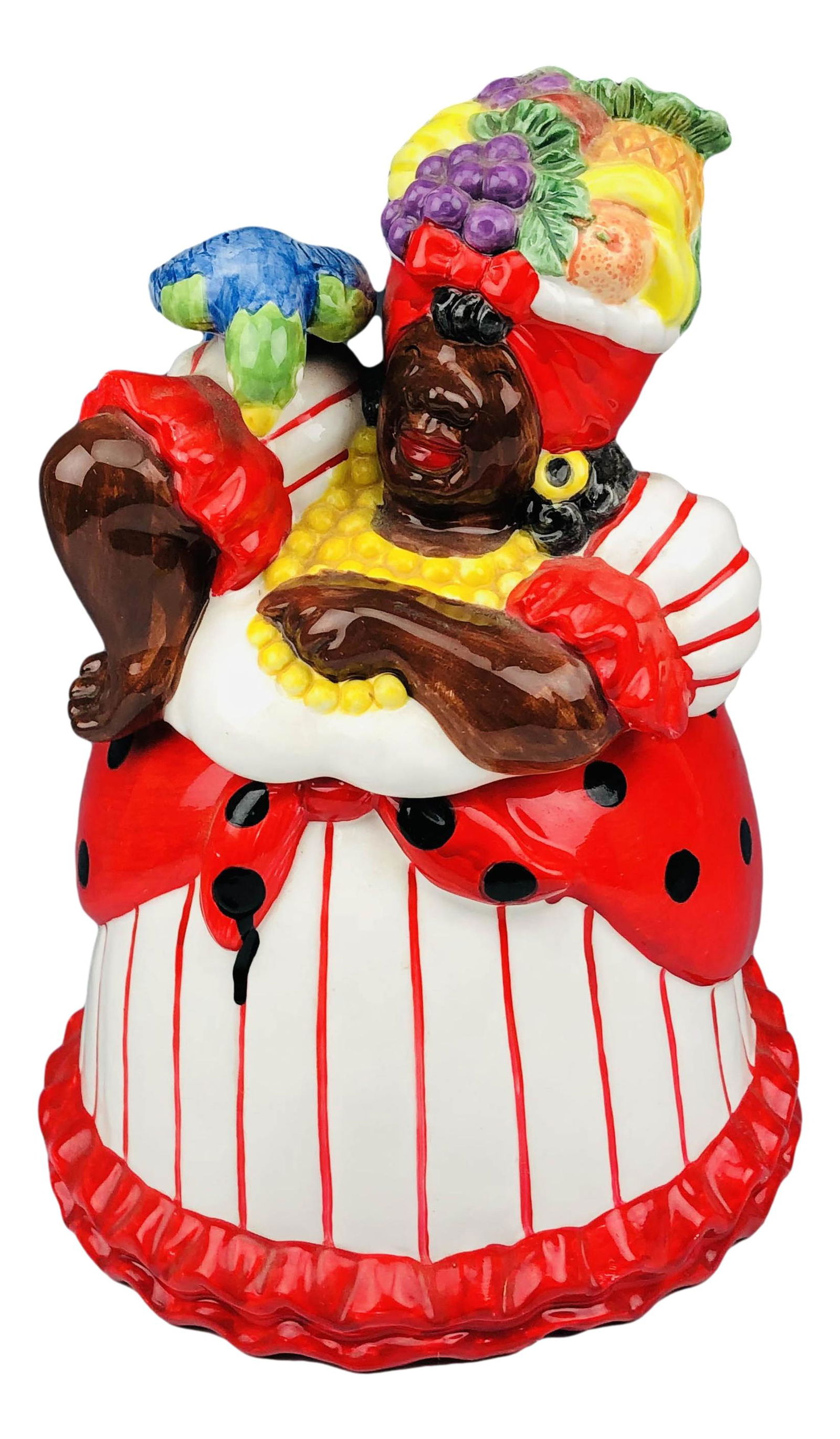 Fitz Floyd Black Americana Lady Parrot Cookie Jar: Fitz and Floyd "Rio Rita" Black Americana Caribbean Lady with fruit and parrot cookie jar. Production years 1989 - 1990. Measures 11 1/4" x 8 1/2". Signed ~ impressed FF Taiwan on the underside. Condi