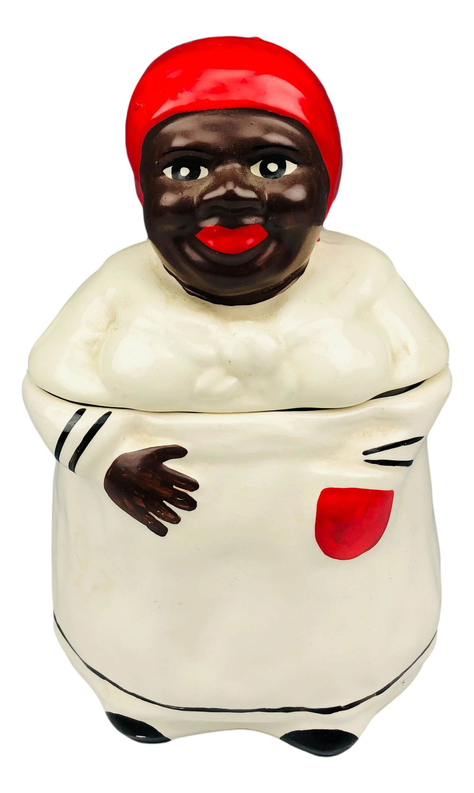 McCoy Black Americana Woman w Red Scarf Cookie Jar: This McCoy ceramic cookie jar was glazed by Pearl China. Features a smiley lady in a white dress wearing a red scarf / bandana, a happy smile on her face. Measures 9 3/4" x 6 1/2". Signed with the wor