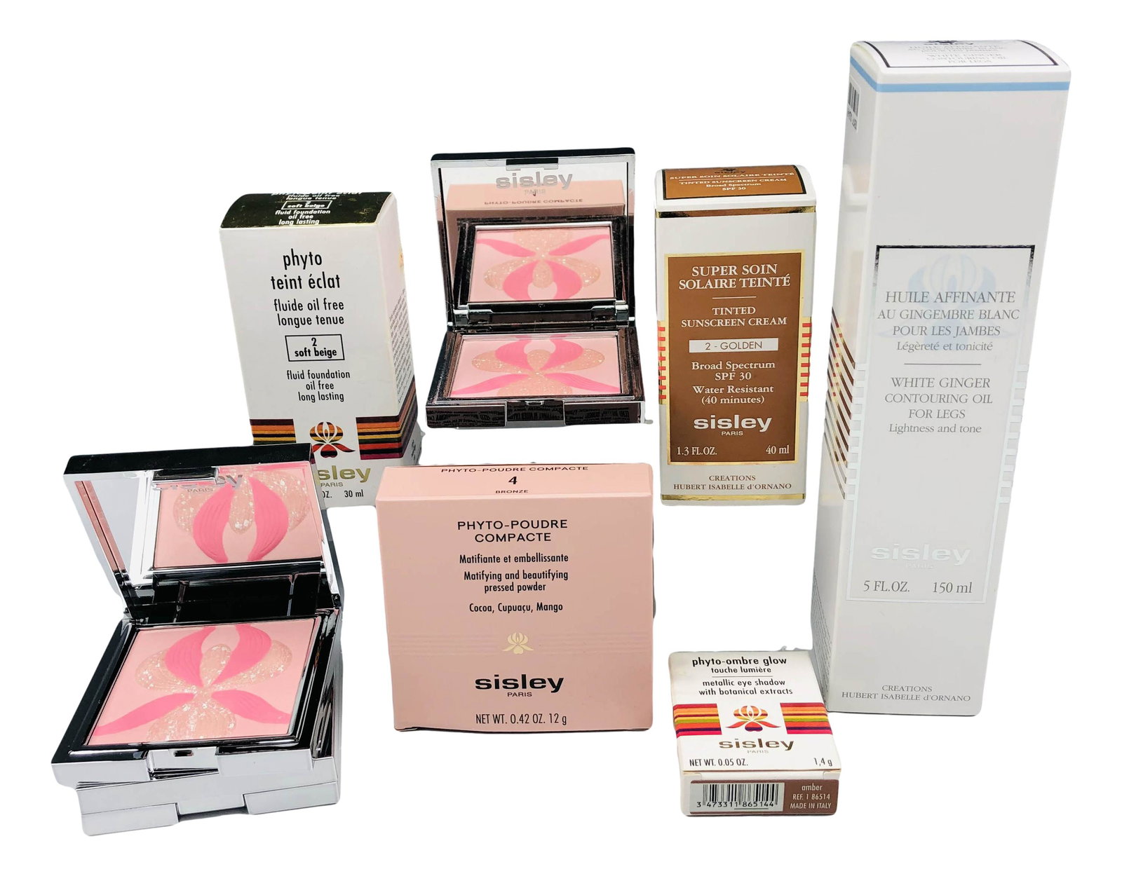 Sisley Paris Skincare & Makeup Variety 8 pc LOT: Sisley Paris skincare and makeup variety eight piece lot. Features (1) Huile Affinante white ginger contouring oil for legs (1) Phyto-teint eclant fluid foundation (1) Super Soin golden tinted sunscre