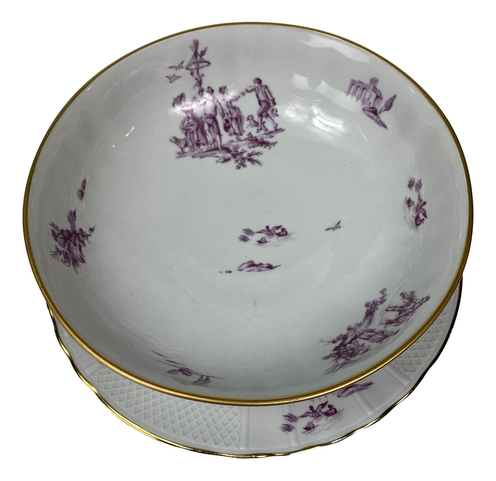 Limoges Bernardaud Co Porcelain Serving Bowl Plate: 20th Century French Porcelain large round serving bowl and scalloped serving plate. Graced with a figural groupings, birds, floral designs and castle ruins against a white ground with gold trim lining