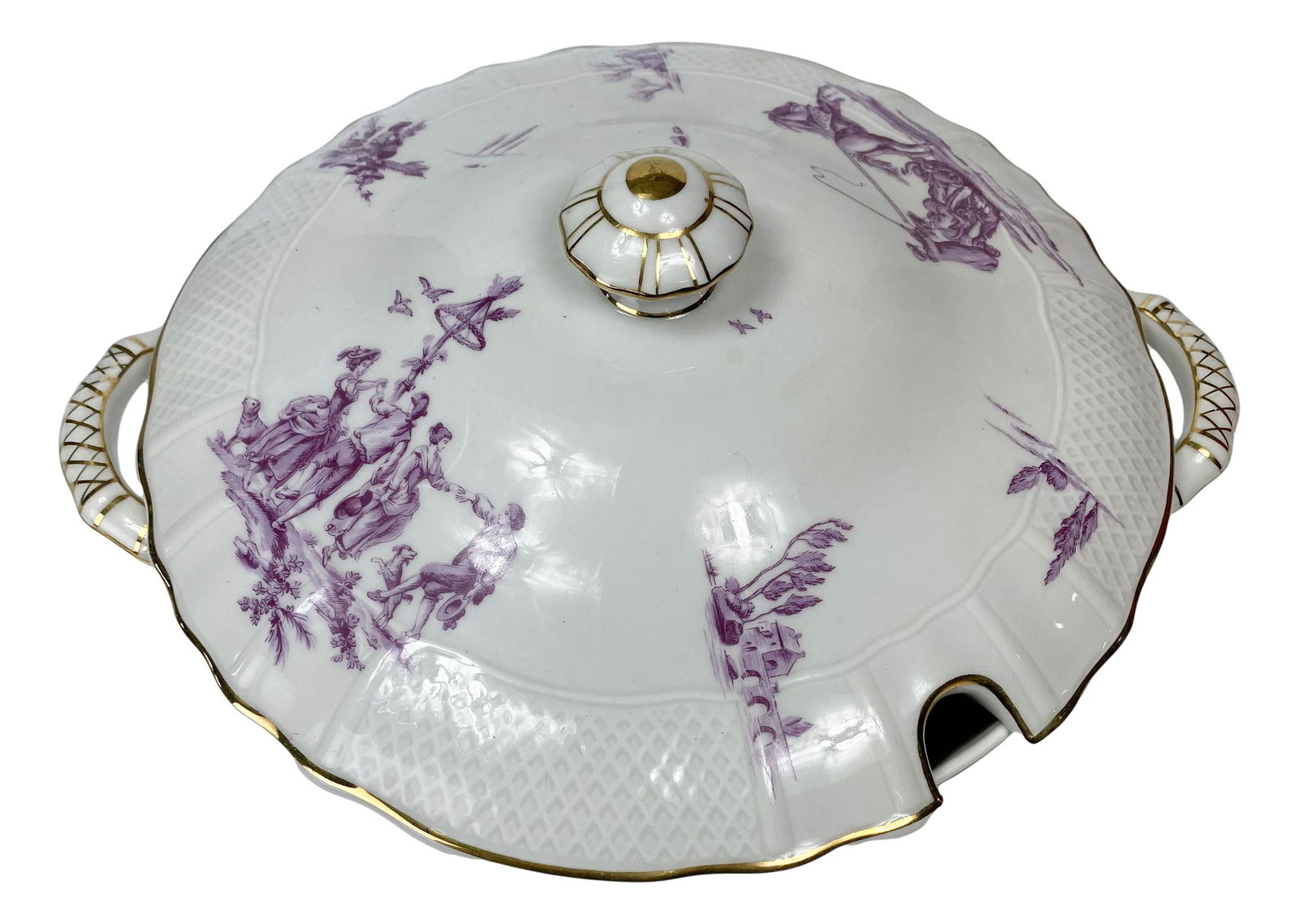 Limoges France Bernardaud Co Porcelain Tureen Lid: 20th Century French Porcelain. Graced with a figural groupings, birds, floral designs and castle ruins against a white ground with gold trim lining around the border to both the lid and base. Measures