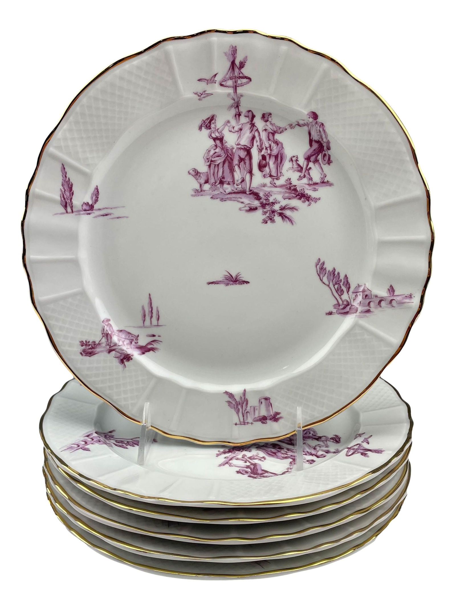 Limoges Bernardaud Co Porcelain 9 1/2" Plate 6pc: 20th Century French Porcelain luncheon ? plates. Graced with figural groupings, birds, floral designs and castle ruins against a white ground with gold trim lining around the border. Measures 9 1/2".
