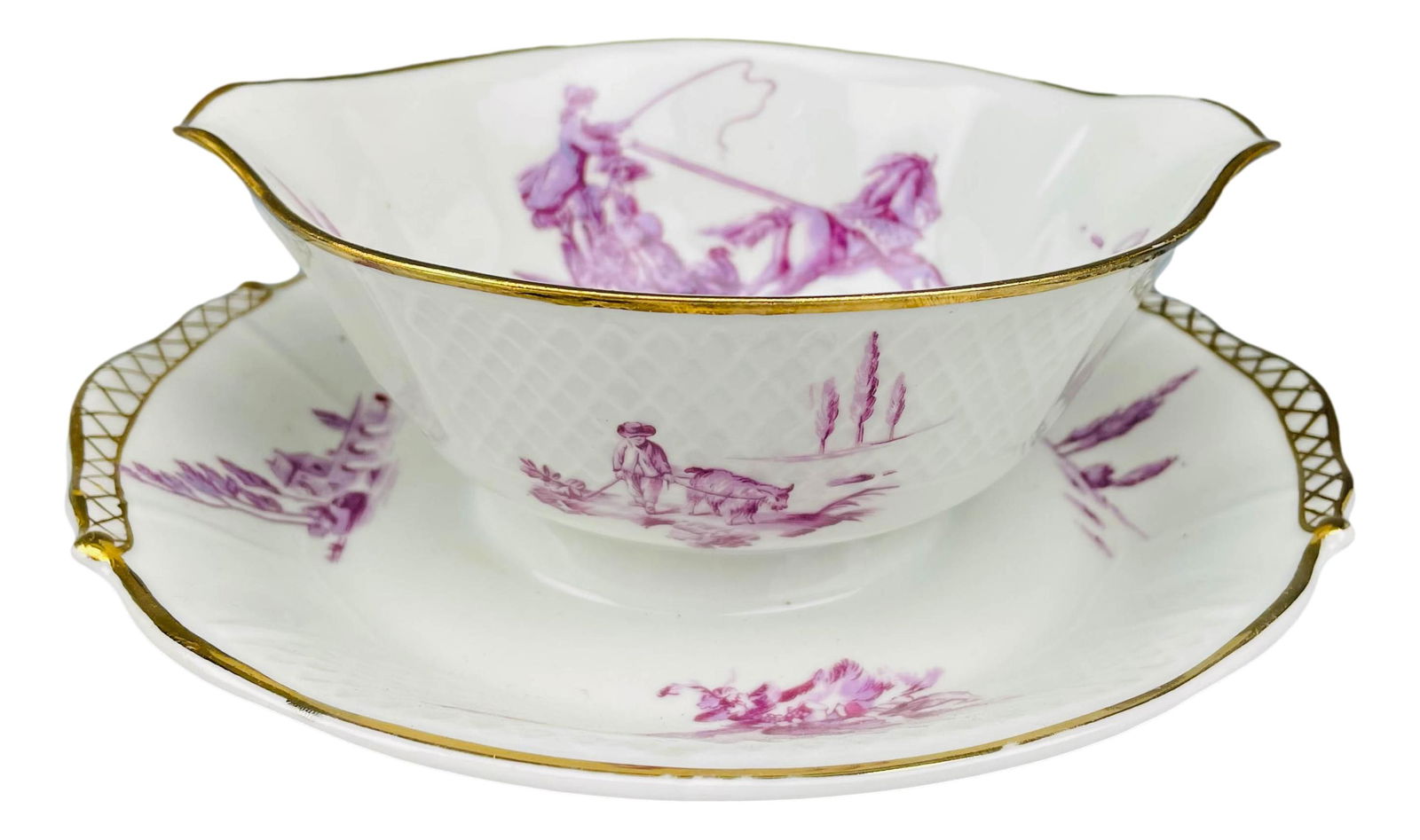 Limoges Bernardaud Co Porcelain Gravy Sauce Boat: 20th Century French Porcelain gravy sauce boat with attached underplate. Graced with figural groupings, birds, floral designs and castle ruins against a white ground with gold trim lining around the b