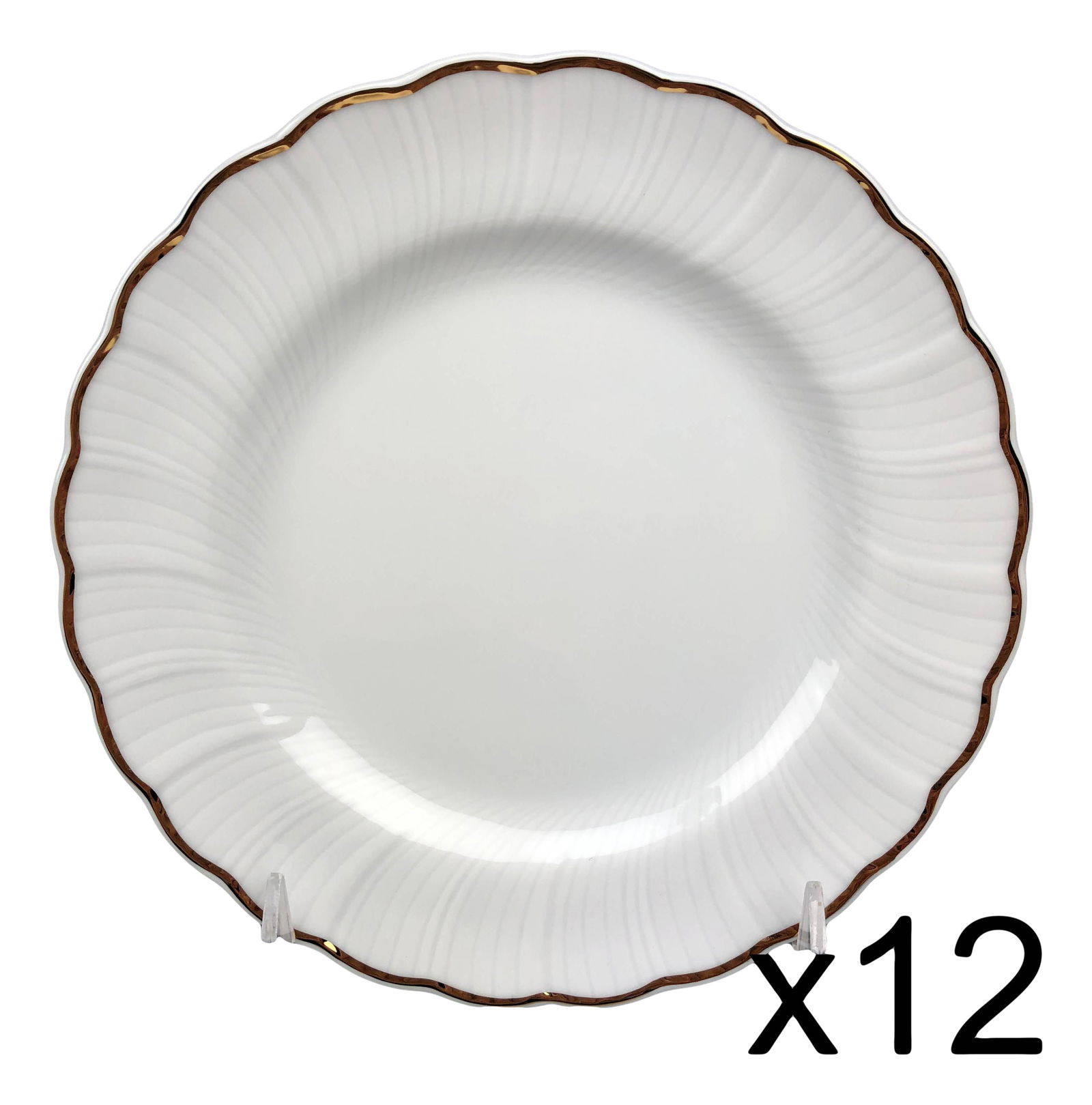 Bernardaud France Verdi Bread & Butter Plate 12pc: Bernardaud Limoges France Verdi bread and butter plate twelve piece lot. Features twelve scalloped border white Porcelain bread and butter plates with gold rim. Made in France. Marking found at the ba