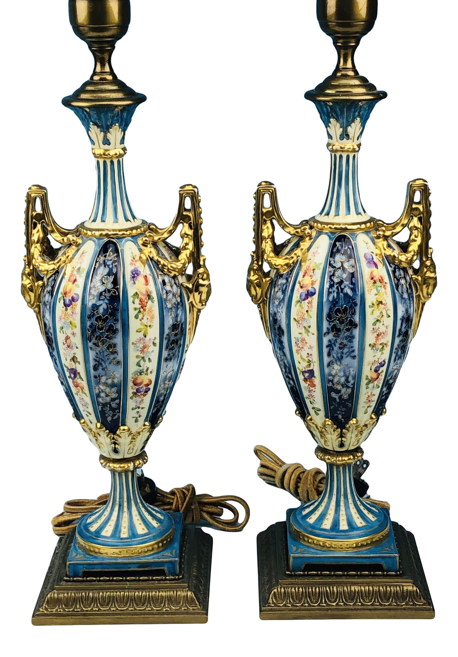 Pr Antique French Porcelain Floral Gold Gilt Lamps (1 of 6)