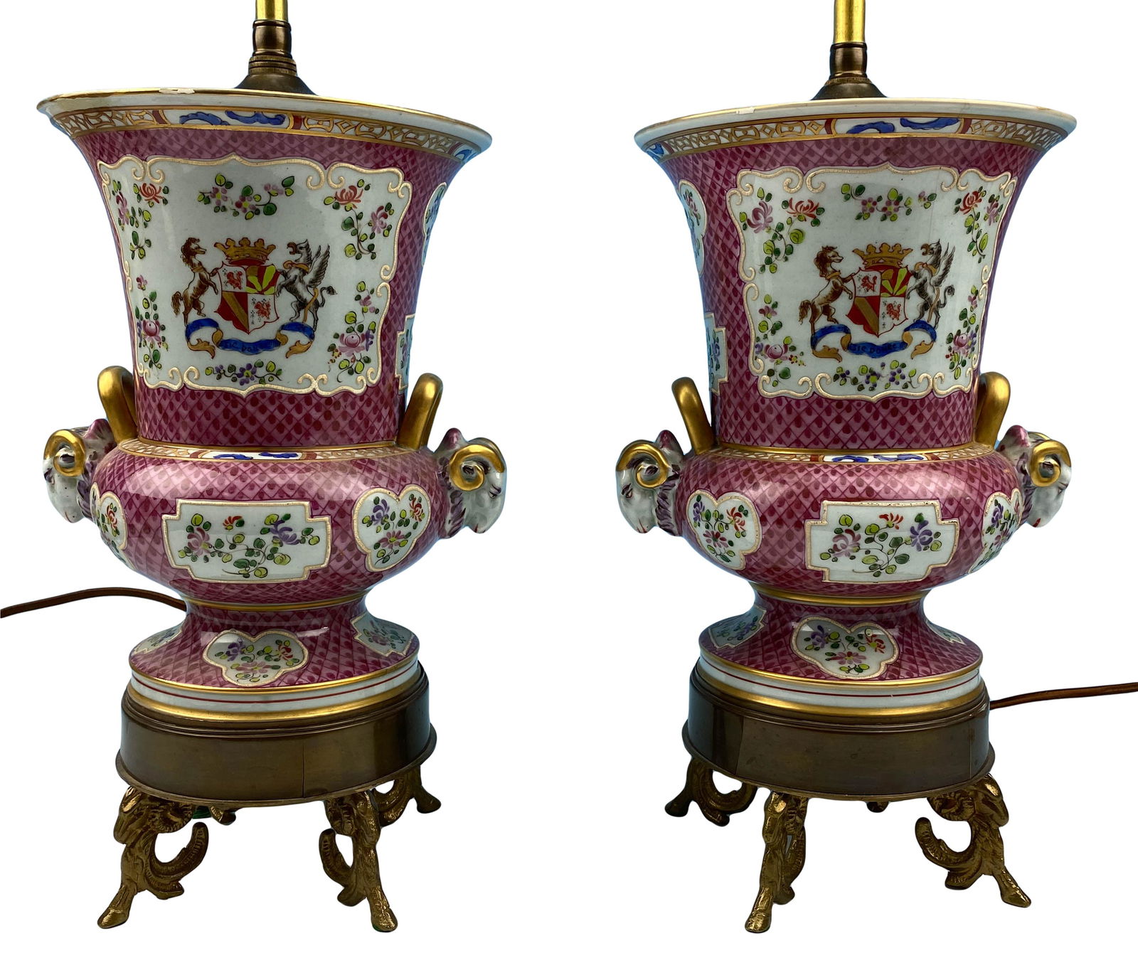 Pair Samson Armorial Antique Pink Porcelain Lamps (1 of 8)