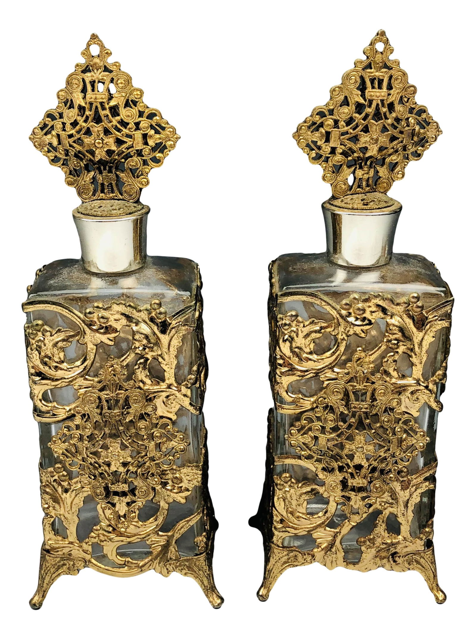 Antique French Gilt Filigree Perfume Bottle Pair (1 of 6)