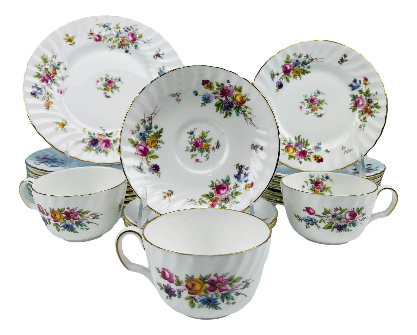 Minton Marlow Bone China 24pc Cup Saucer Plate LOT: Pattern "Marlow" manufactured by Minton having production years 1959 - 1997. Includes 3 cups and 3 saucers, 8 bread and butter plates and 8 salad plates. Cups measure 2 1/4" x 3 1/2. Bread plates ~ 6 