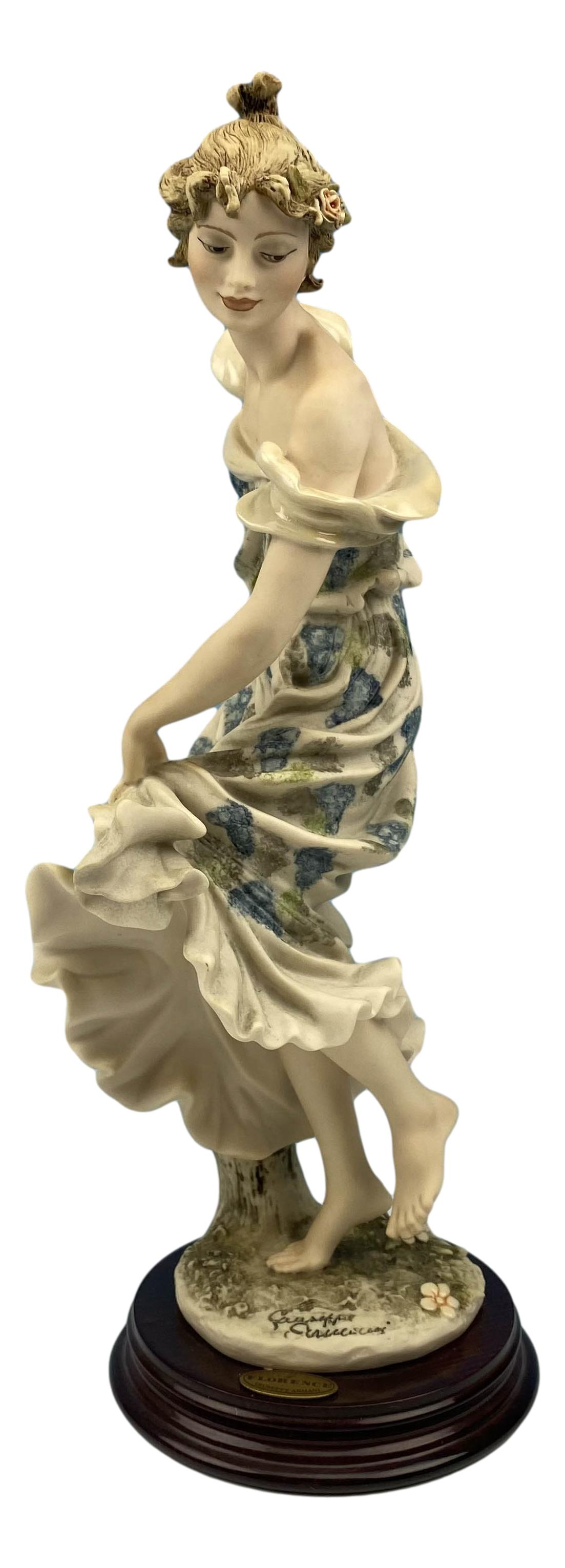 Armani Allegra #345C Girl w/ Flower Dress Figurine: Giuseppe Armani ( Italian, 1935 - 2006 ). Celebrated and internationally respected artist / designer and sculptor. Titled Allegra #345C. This was the Redemption piece for 1996. Mounted atop a circular