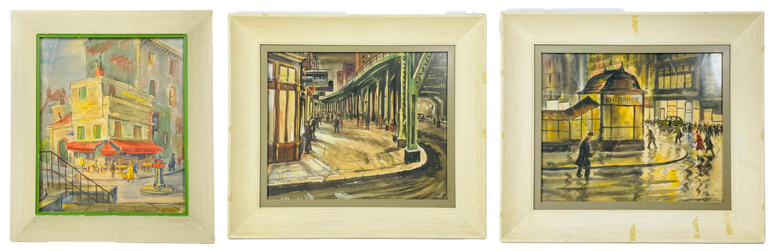 Impressionist Cityscape Painting signed Walsh x 3: Includes 3 x 20th century watercolor paintings. One depicts a figural urban cityscape, the other 2 depicting figural subway entrances. Frames measure from 20 1/2" - 23 3/4" x 20 3/4" - 23 3/4". Pictur